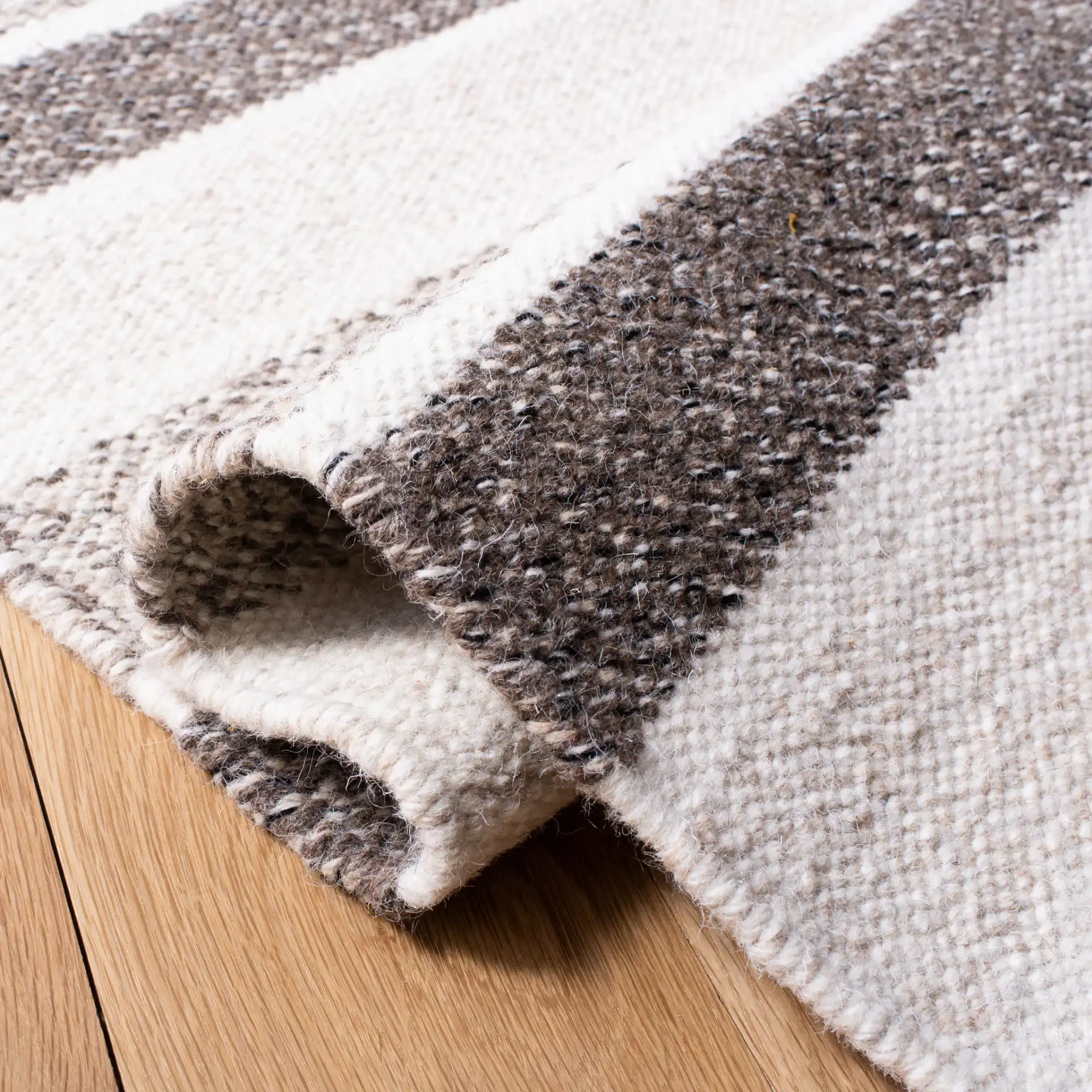 Kilim Stripe Flatweave Wool Rug in Ivory / Brown in a styled room