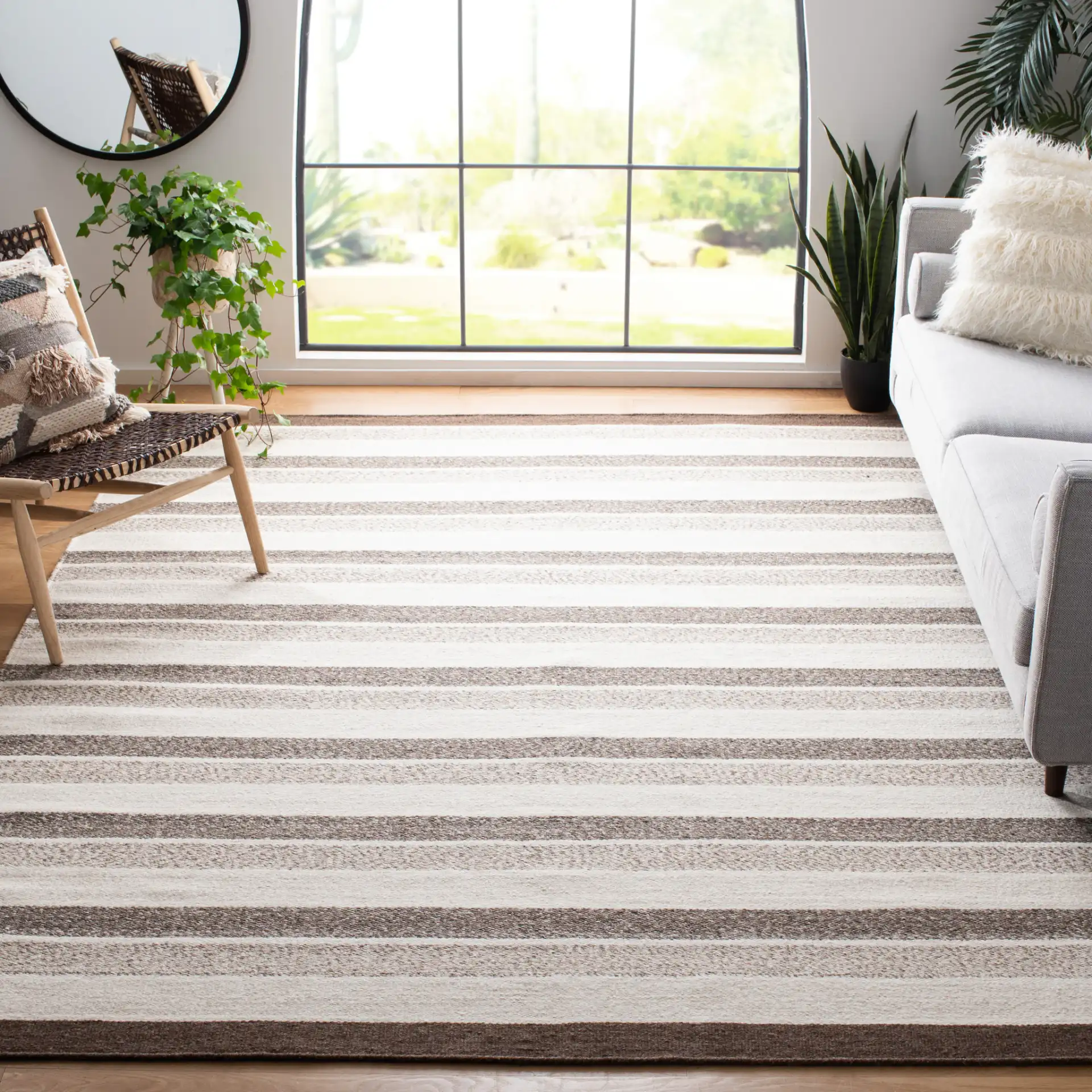 Kilim Stripe Flatweave Wool Rug in Ivory / Brown in a styled room