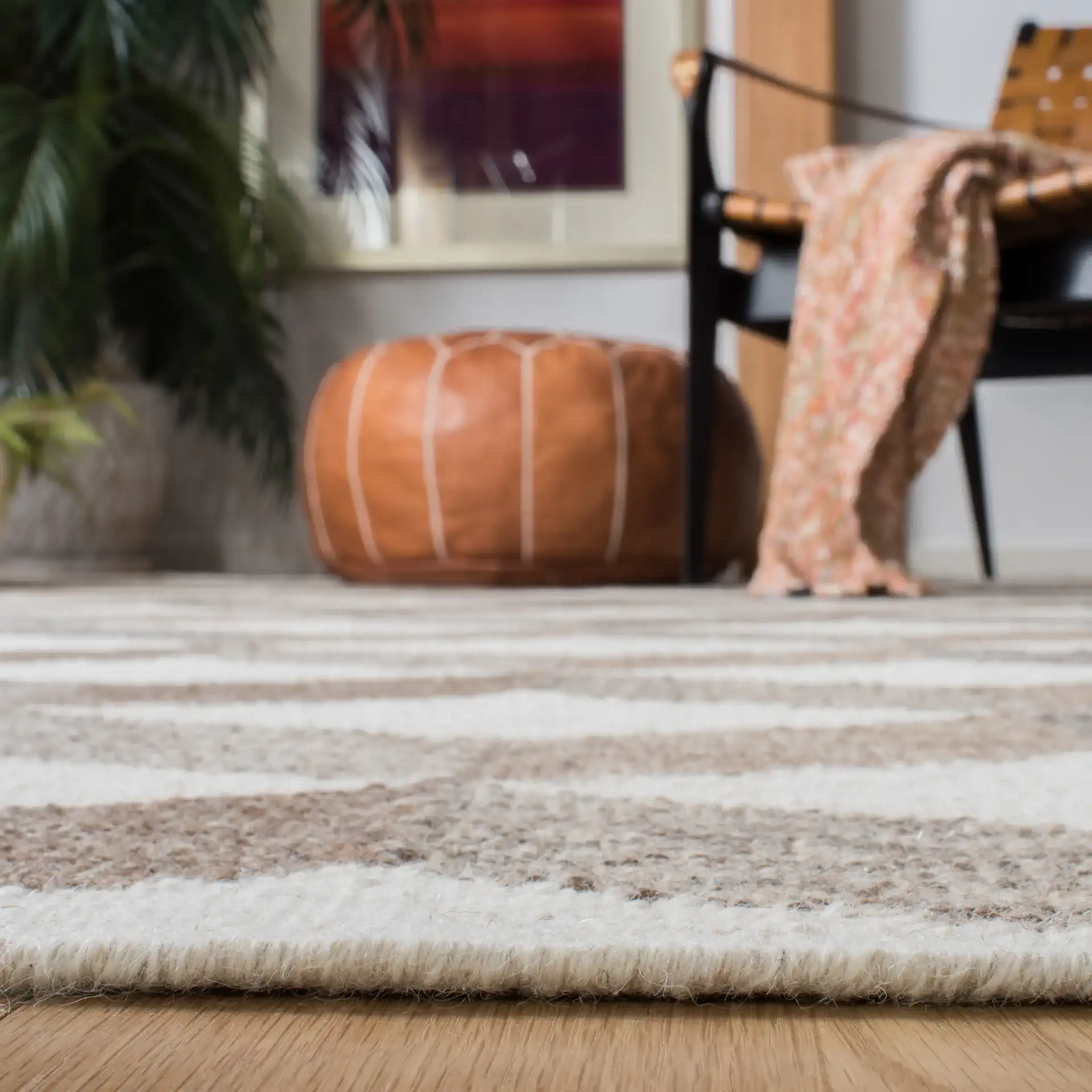 Kilim Cube Flatweave Wool Rug in Ivory / Brown in a styled room