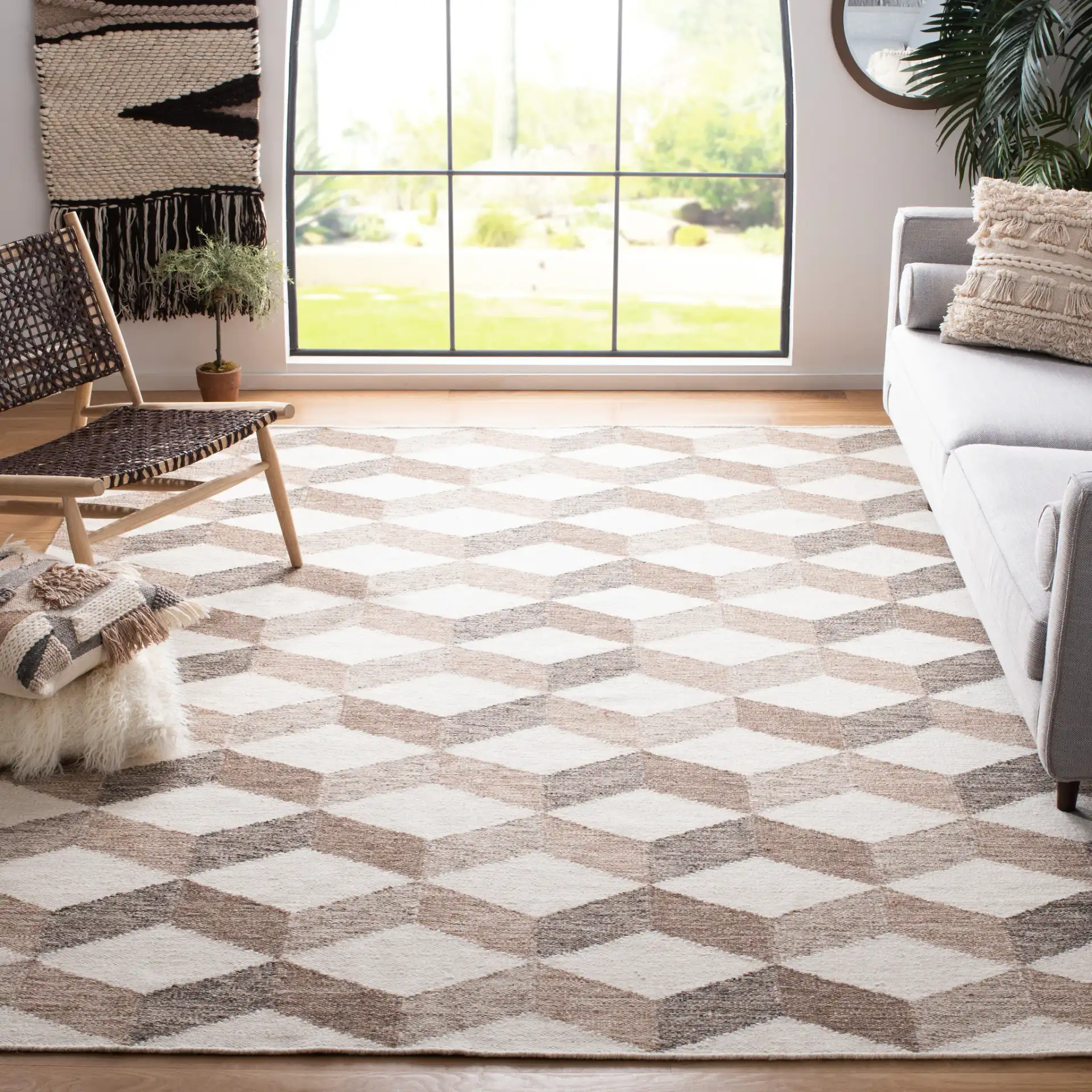 Kilim Cube Flatweave Wool Rug in Ivory / Brown in a styled room