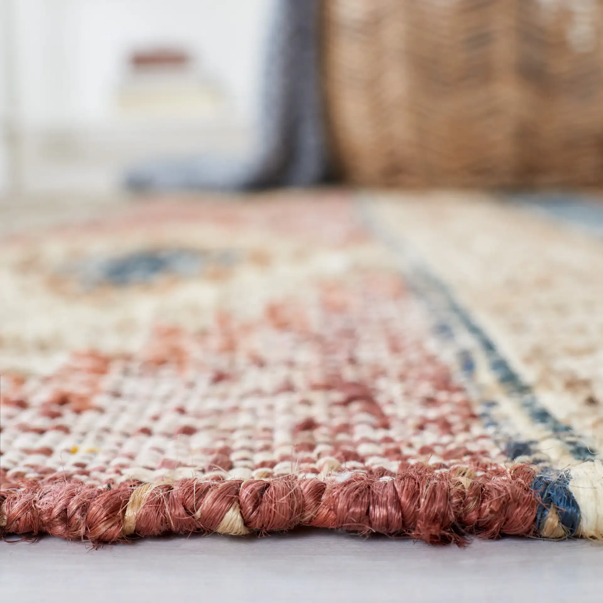 Kilim Banded Diamond Flatweave Jute Rug in Blue / Rust in a styled room