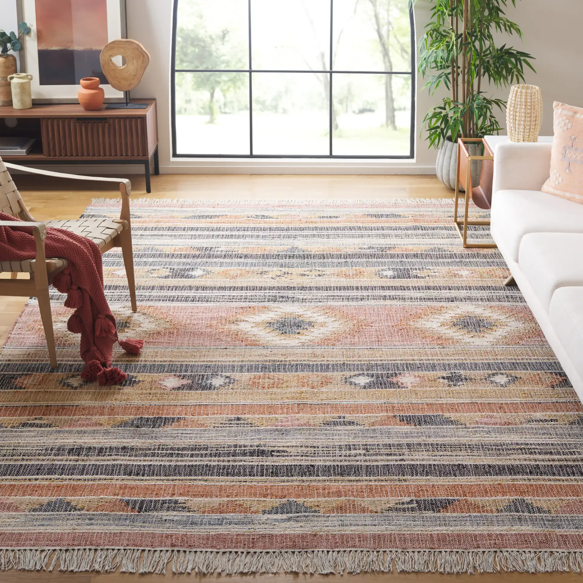 Kilim Banded Diamond Flatweave Jute Rug in Blue / Rust in a styled room