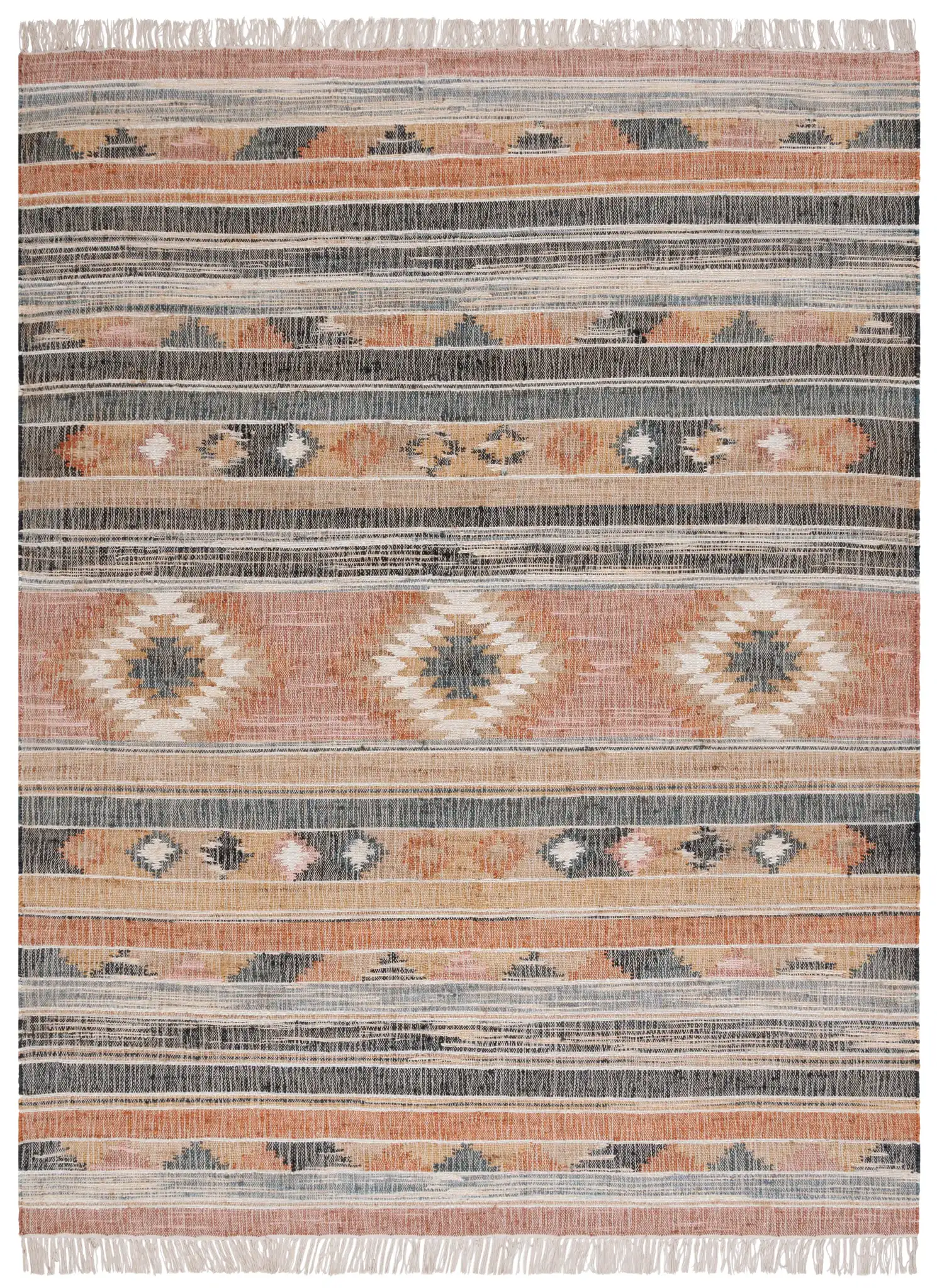 Kilim Banded Diamond Flatweave Jute Rug in Blue / Rust