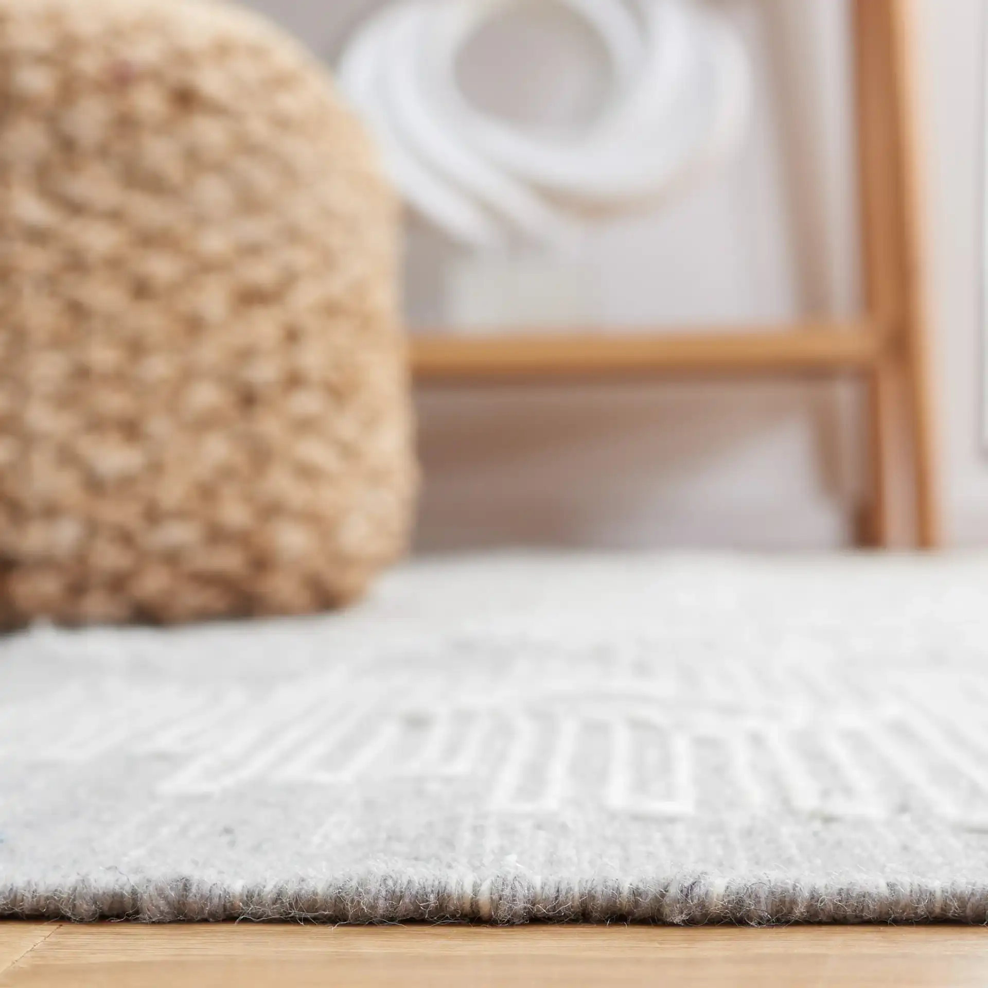 Kilim Banded Tribal Flatweave Rug in Gray / Ivory in a styled room