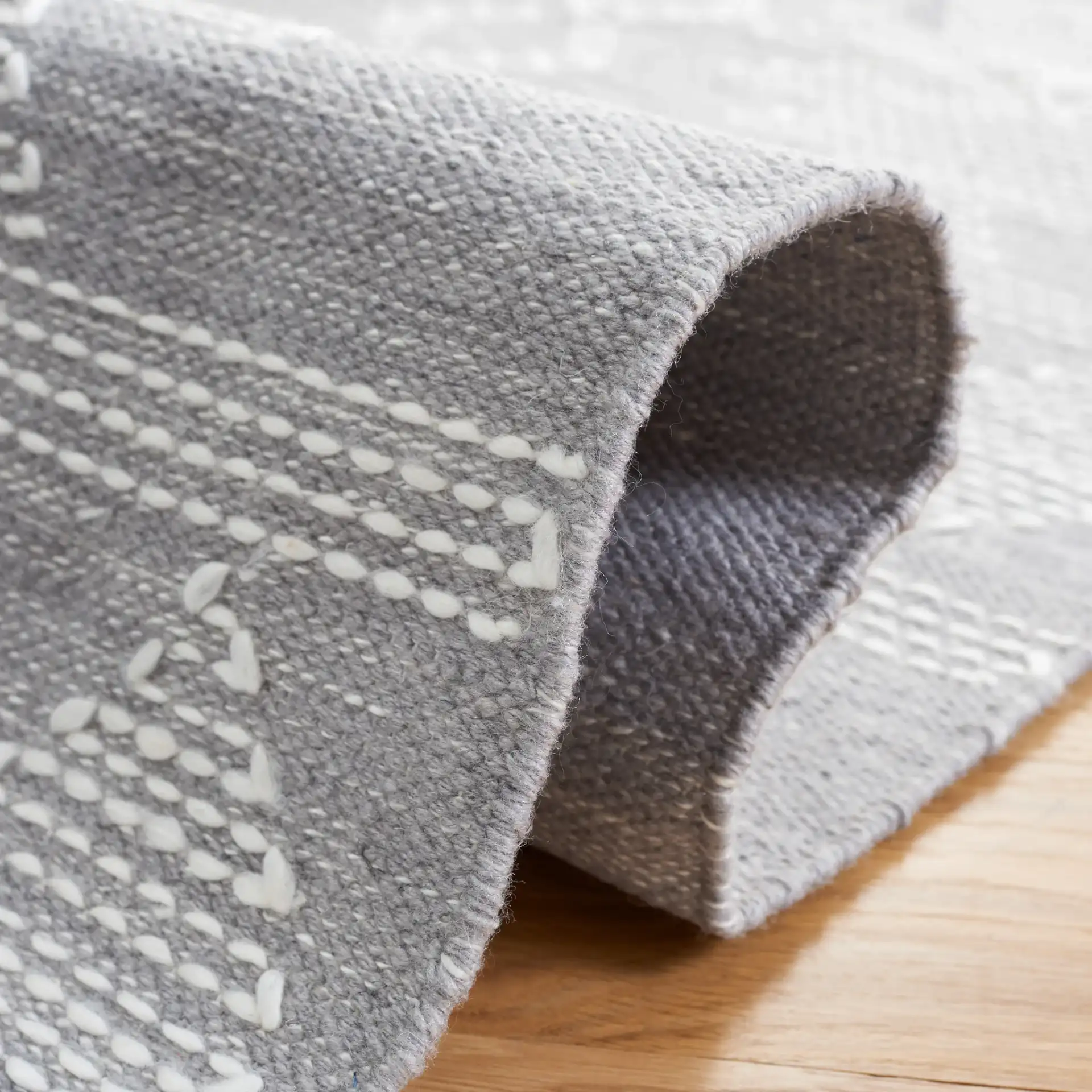 Kilim Banded Tribal Flatweave Rug in Gray / Ivory in a styled room