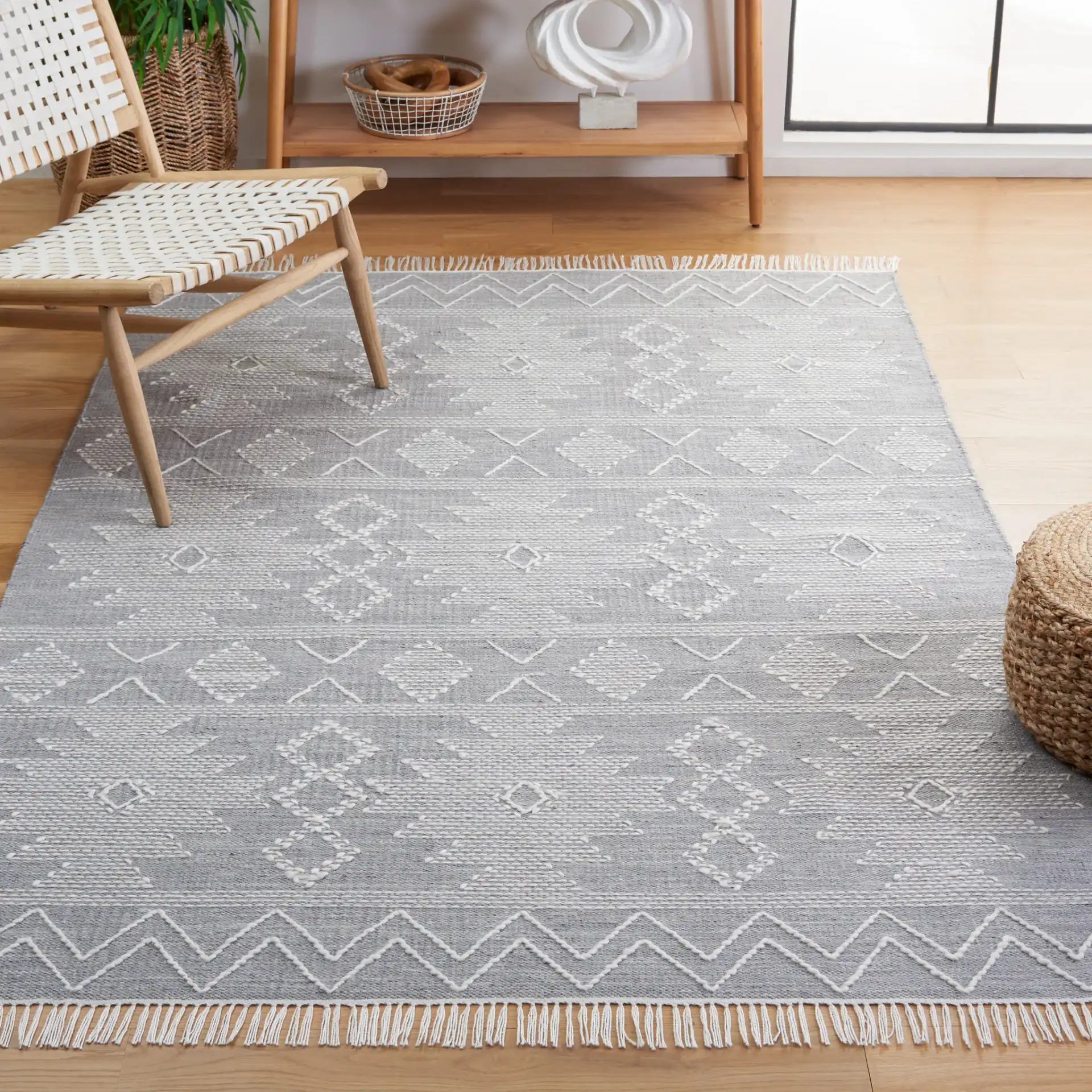 Kilim Banded Tribal Flatweave Rug in Gray / Ivory in a styled room
