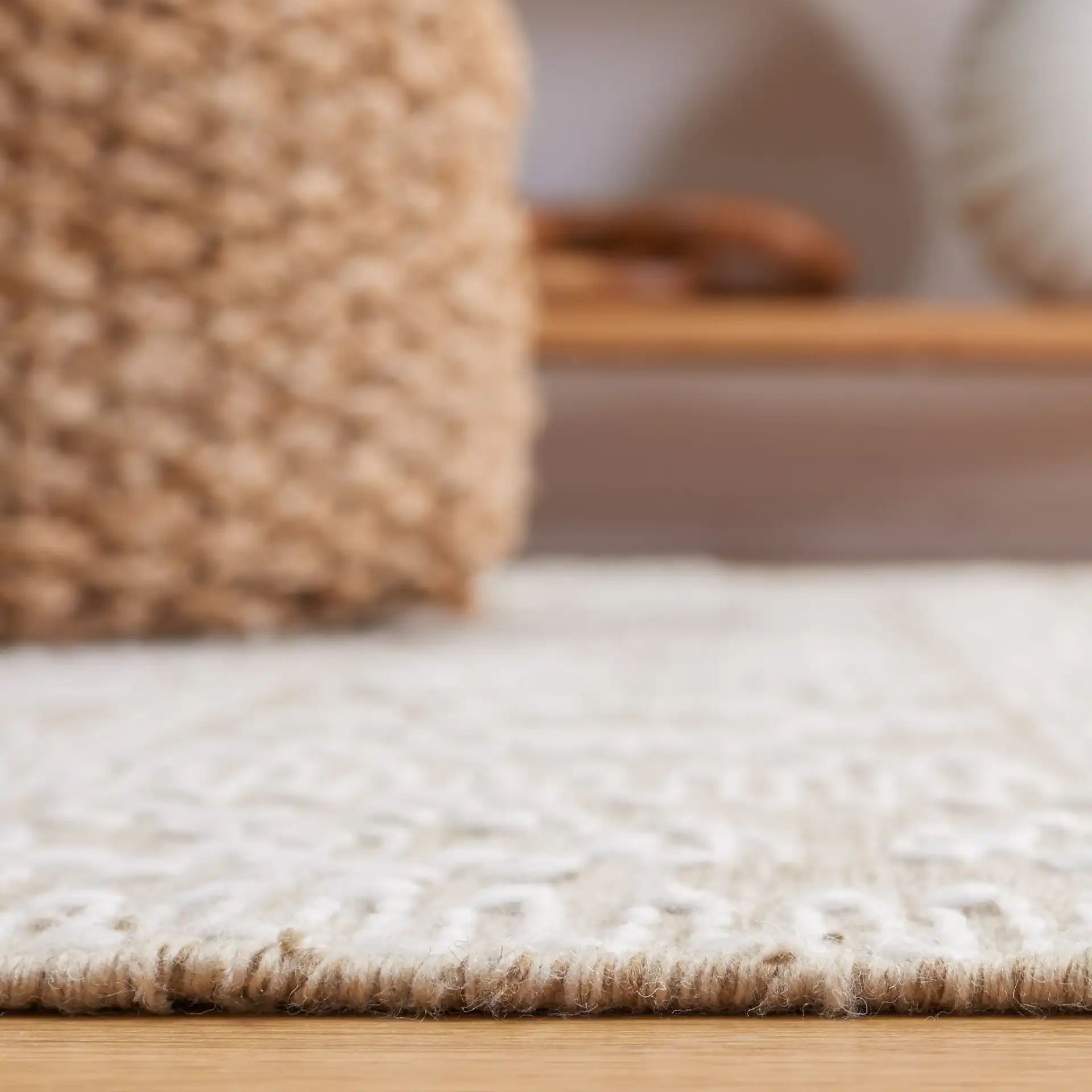 Kilim Chevron Diamond Flatweave Rug in Beige / Ivory in a styled room
