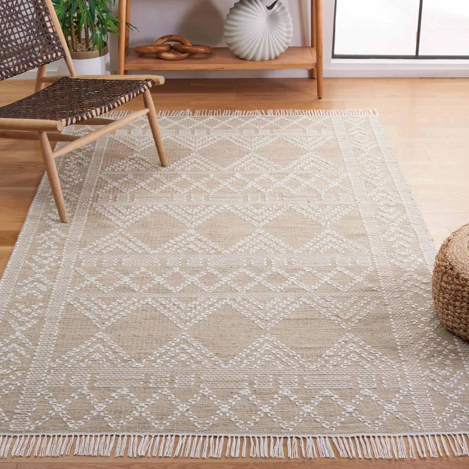 Kilim Chevron Diamond Flatweave Rug in Beige / Ivory in a styled room