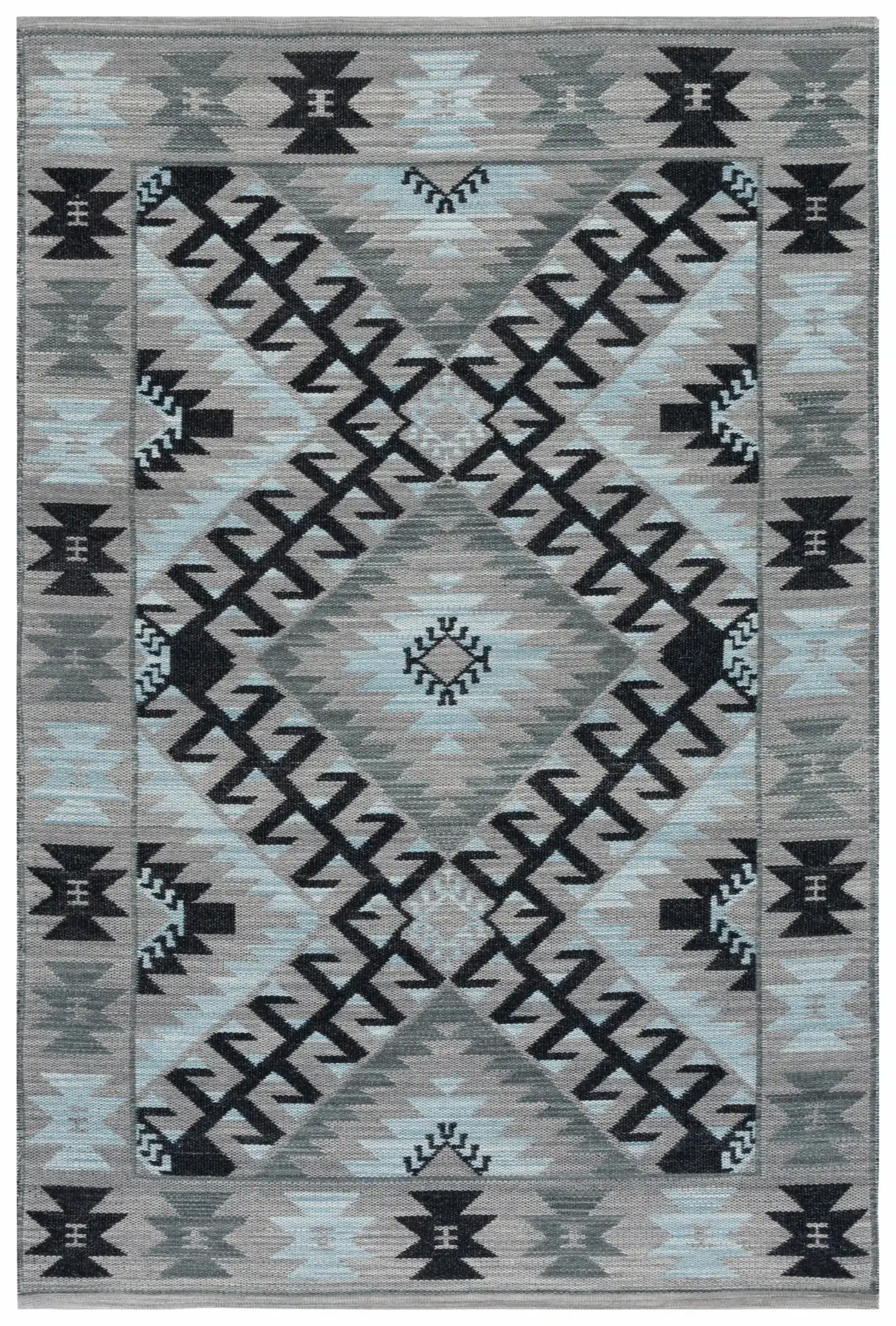 Kilim Tribal Diamond Medallion Hand-Woven Rug in Gray / Black