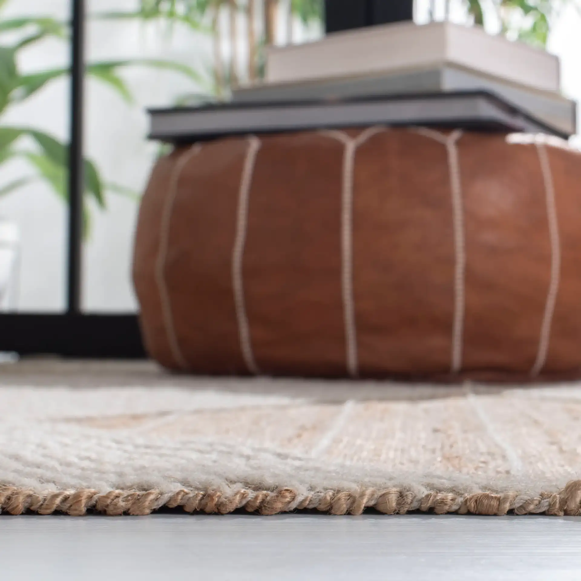 Kilim Coastal Concentric Diamond Hand-Woven Rug in Natural in a styled room