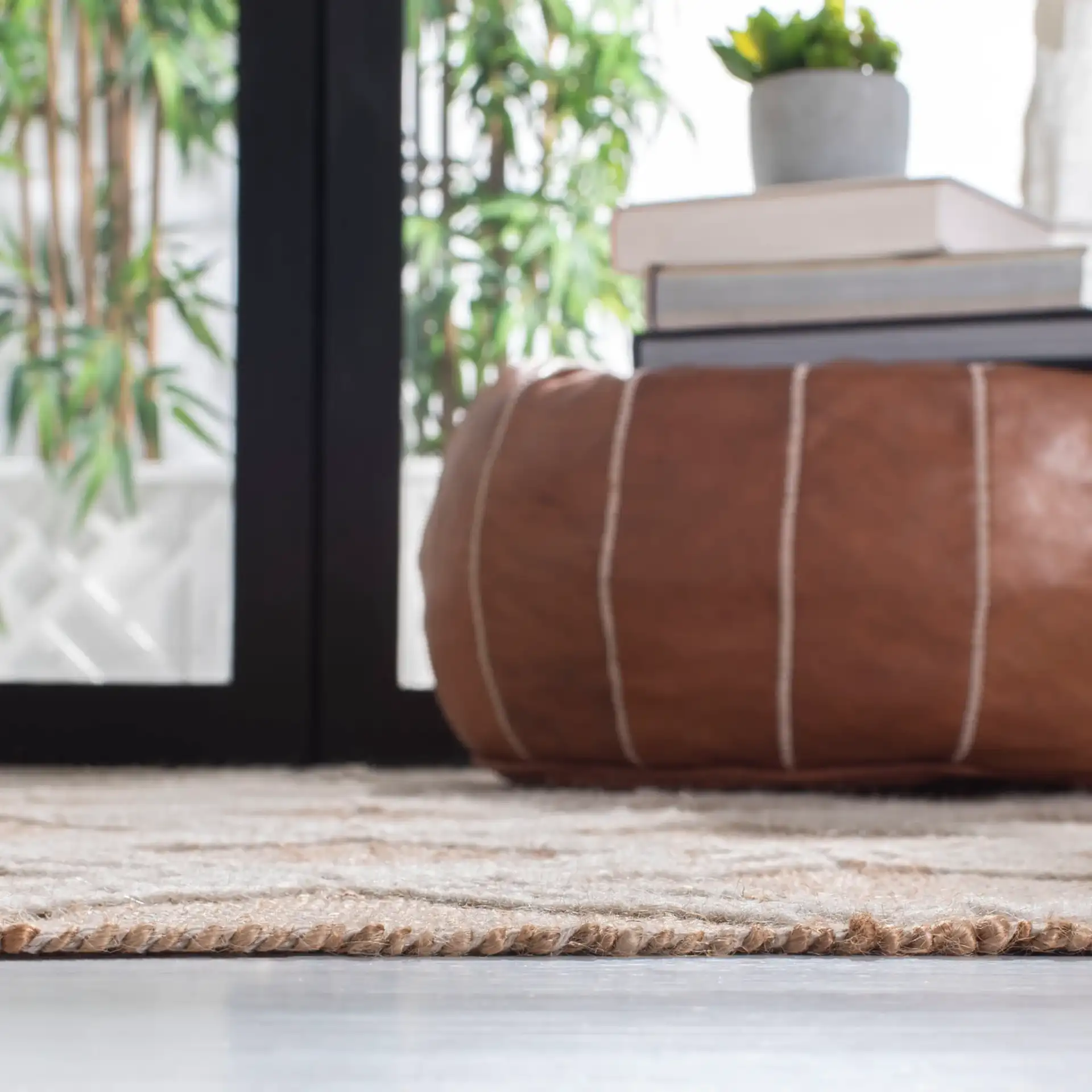 Kilim Bohemian Diamond Lattice Hand-Woven Rug in Natural / Ivory in a styled room