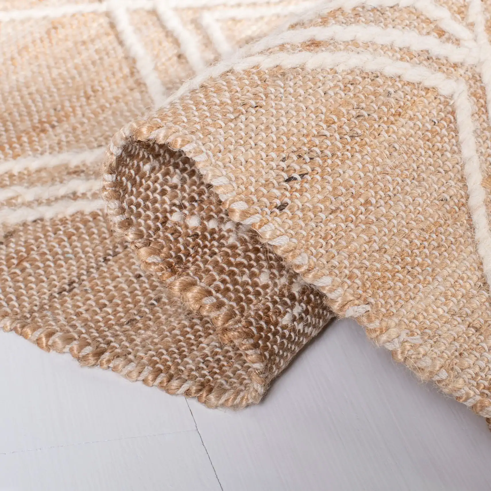 Kilim Bohemian Diamond Lattice Hand-Woven Rug in Natural / Ivory in a styled room
