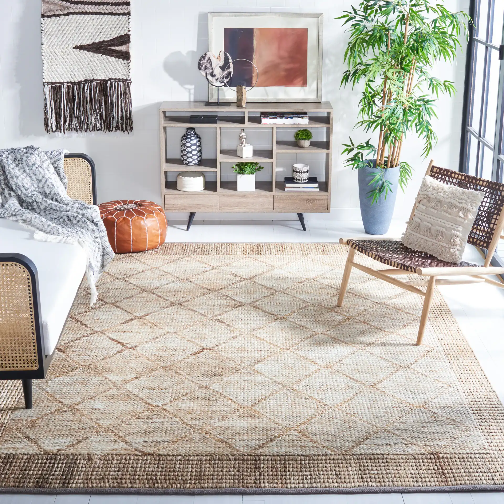 Kilim Coastal Geometric Jute Hand-Woven Rug in Natural / Beige in a styled room