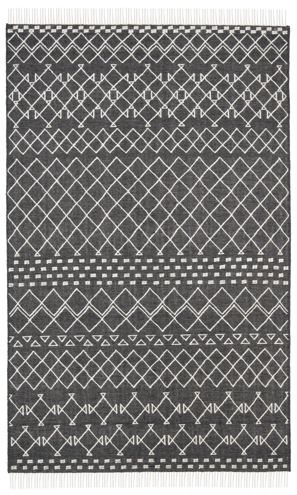 Kilim Banded Diamond Hand-Loomed Wool Rug in Charcoal / Ivory