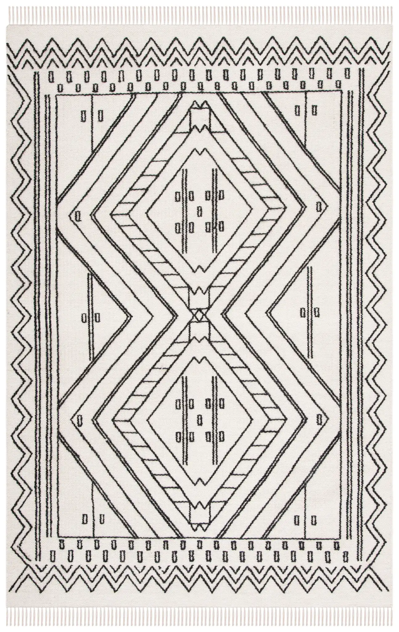 Kilim Diamond Zigzag Hand-Loomed Wool Rug in Ivory / Black