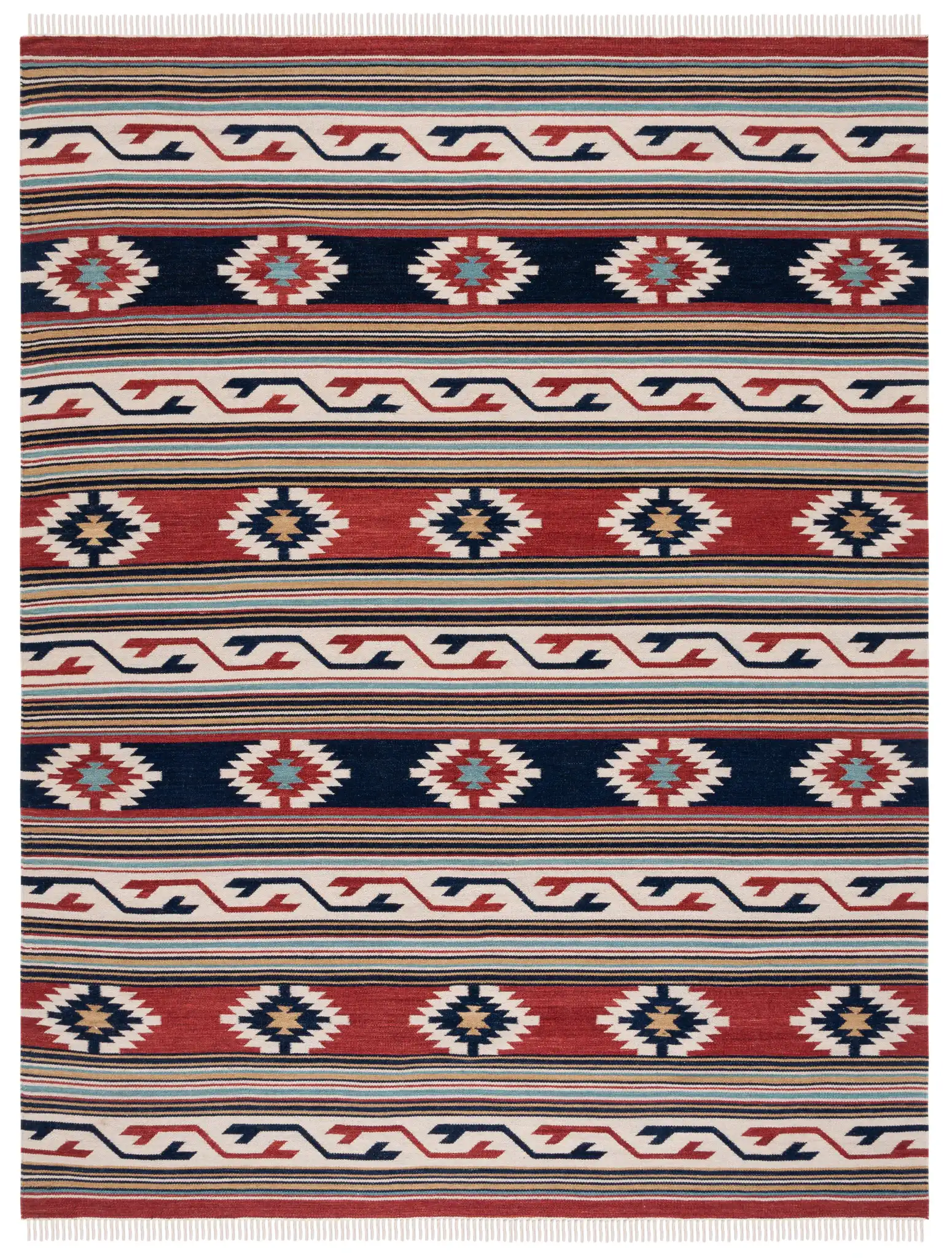 Kilim Banded Diamond Flatweave Wool Rug in Ivory / Rust