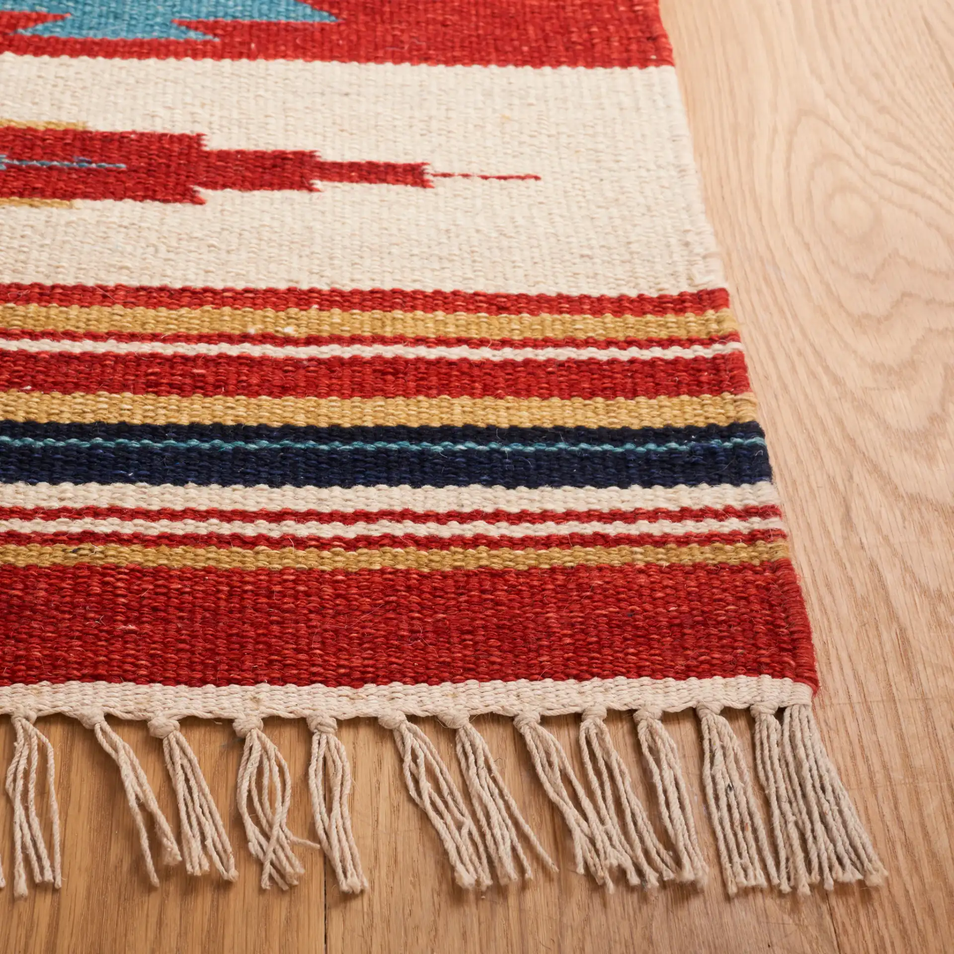 Kilim Tribal Stripe Flatweave Wool Rug in Beige / Red in a styled room
