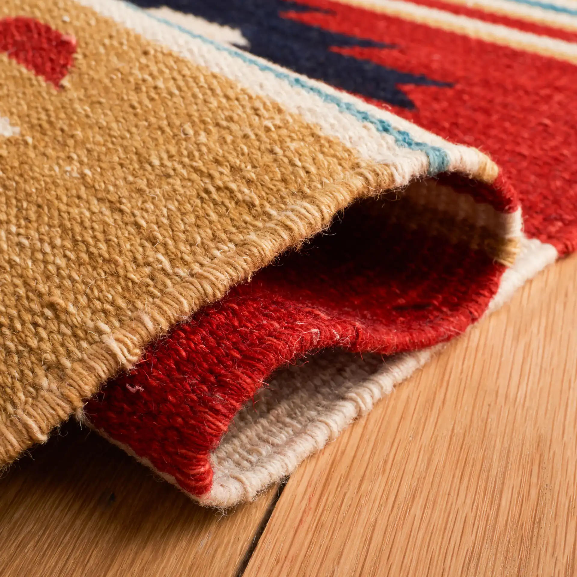 Kilim Tribal Stripe Flatweave Wool Rug in Beige / Red in a styled room