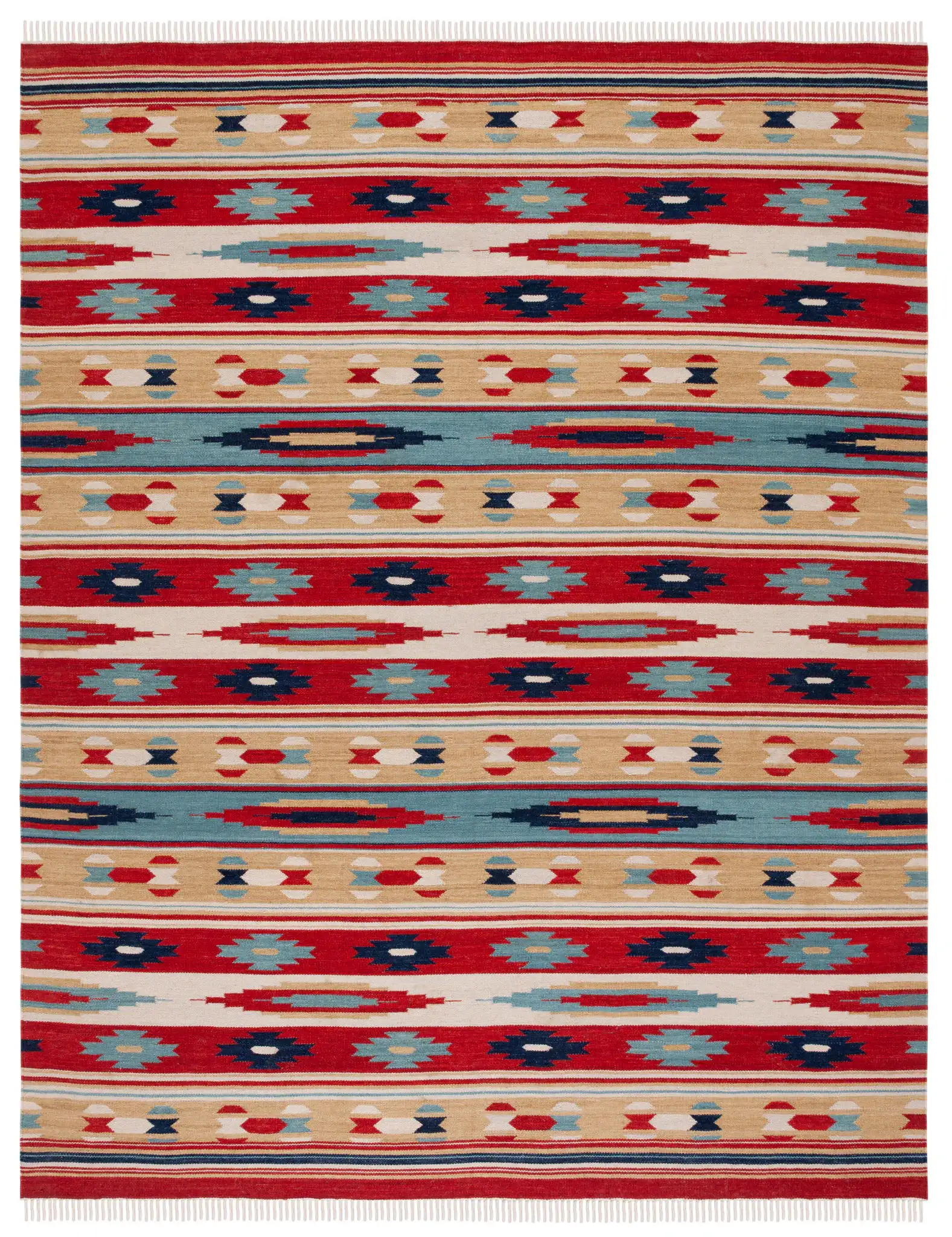 Kilim Tribal Stripe Flatweave Wool Rug in Beige / Red