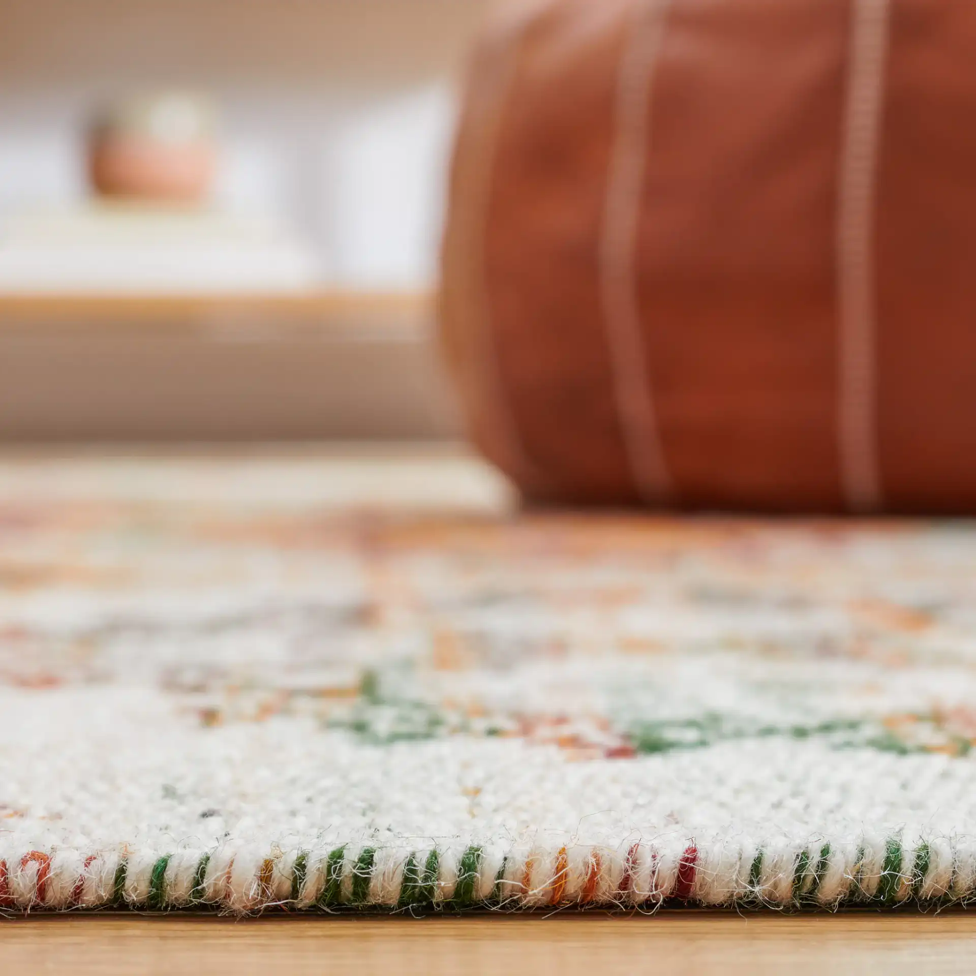 Kilim Tribal Trellis Flatweave Wool Rug in Ivory / Gold in a styled room