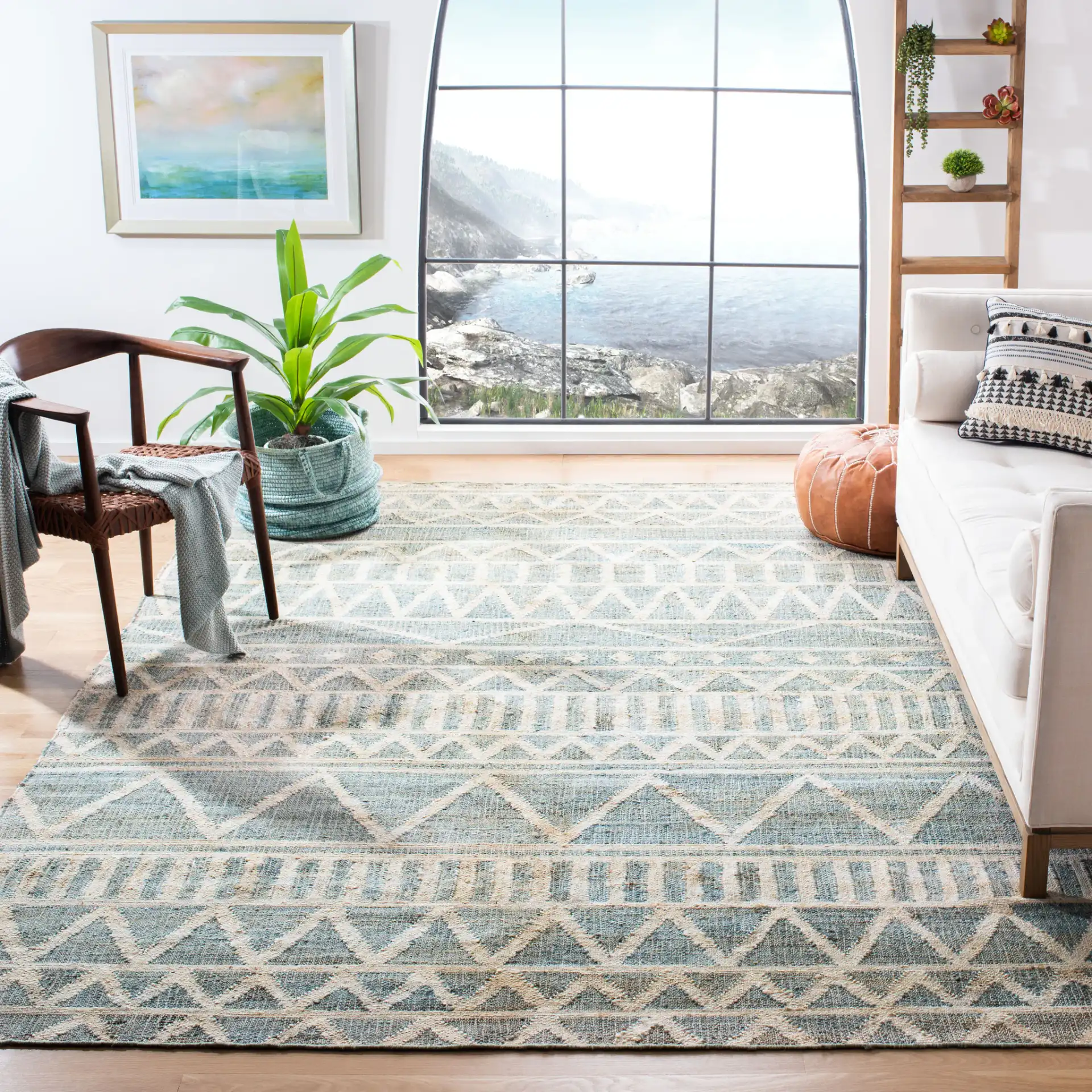 Kilim Chevron Stripe Hand-Loomed Jute Rug in Blue / Beige in a styled room