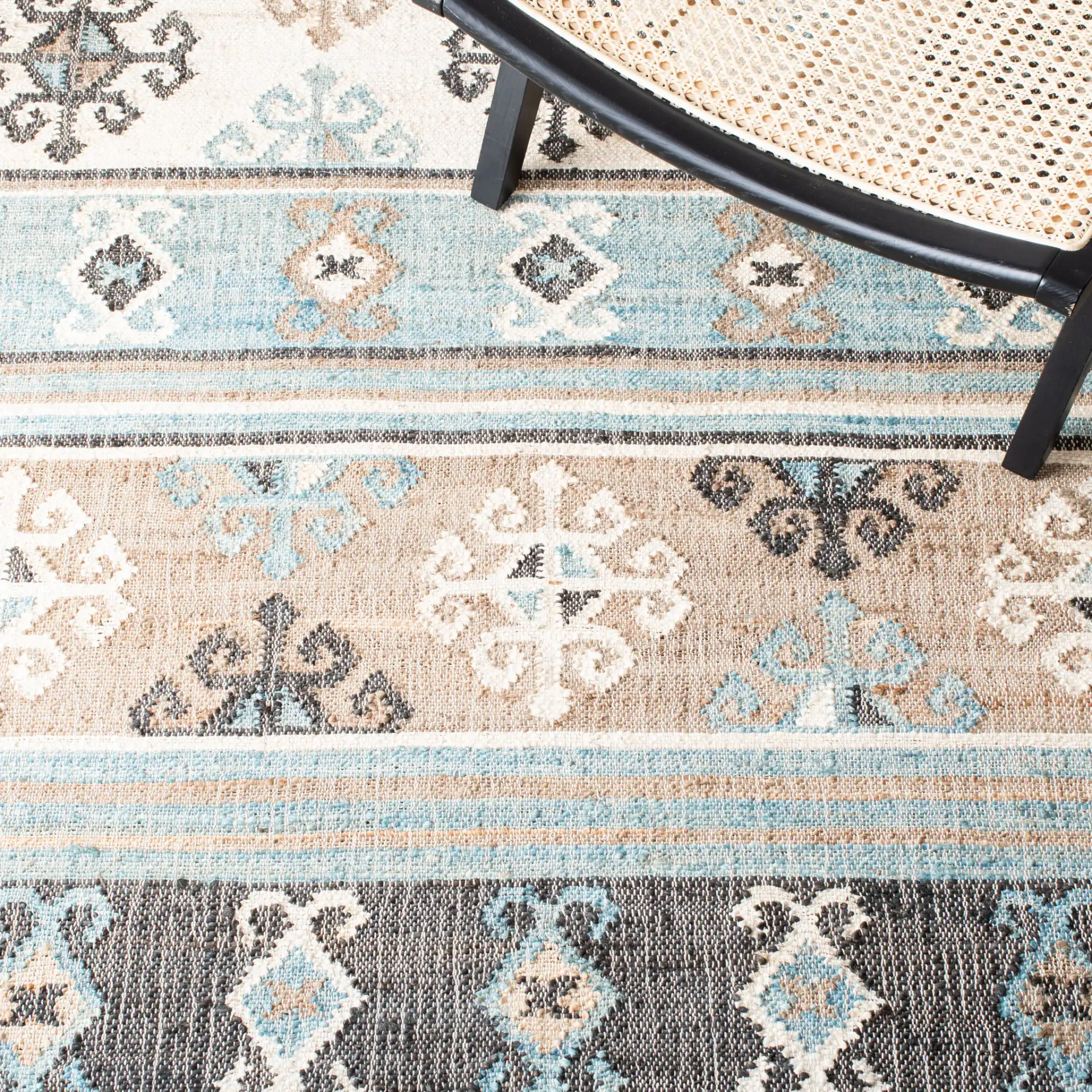 Kilim Banded Flatweave Jute Rug in Blue / Ivory in a styled room