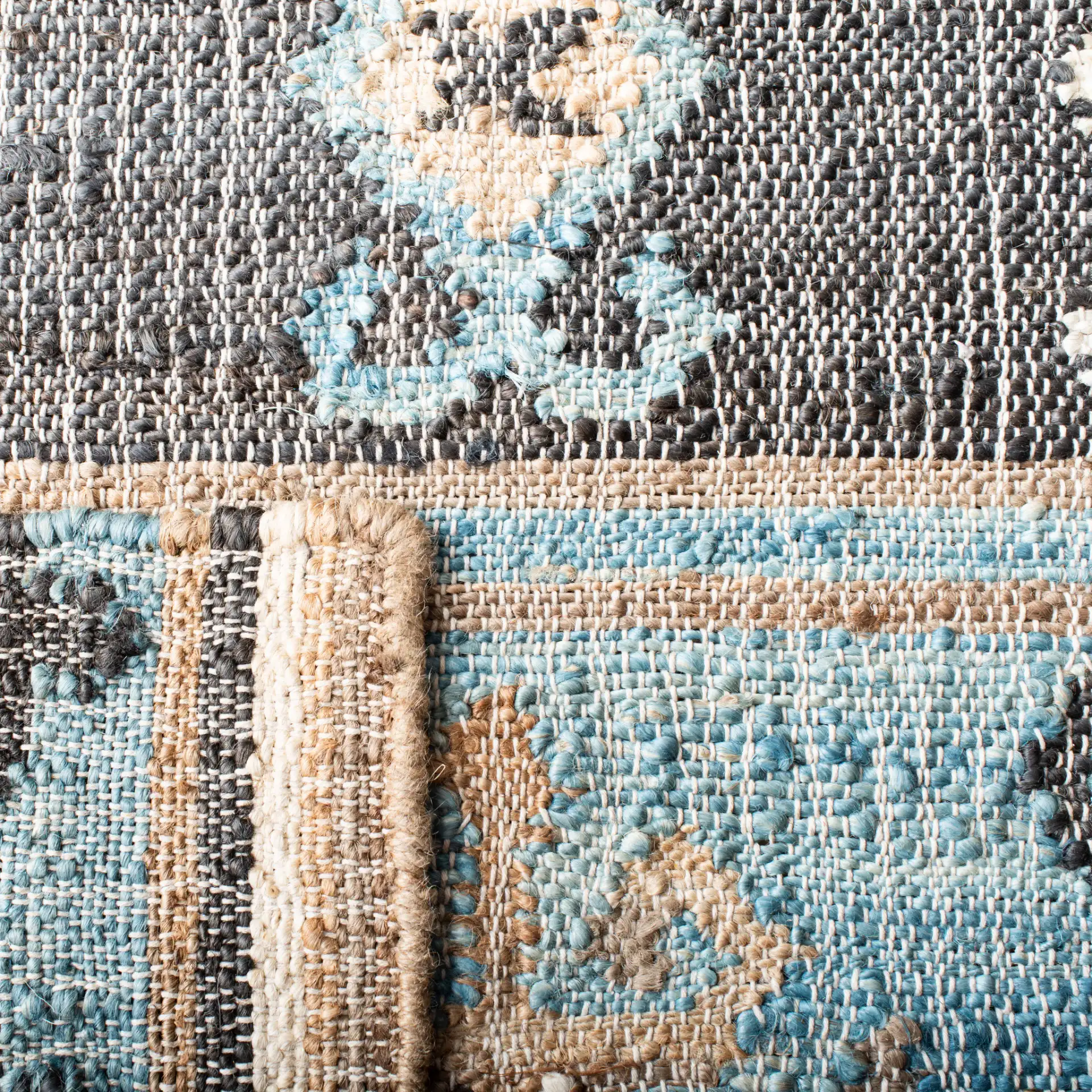 Kilim Banded Flatweave Jute Rug in Blue / Ivory in a styled room