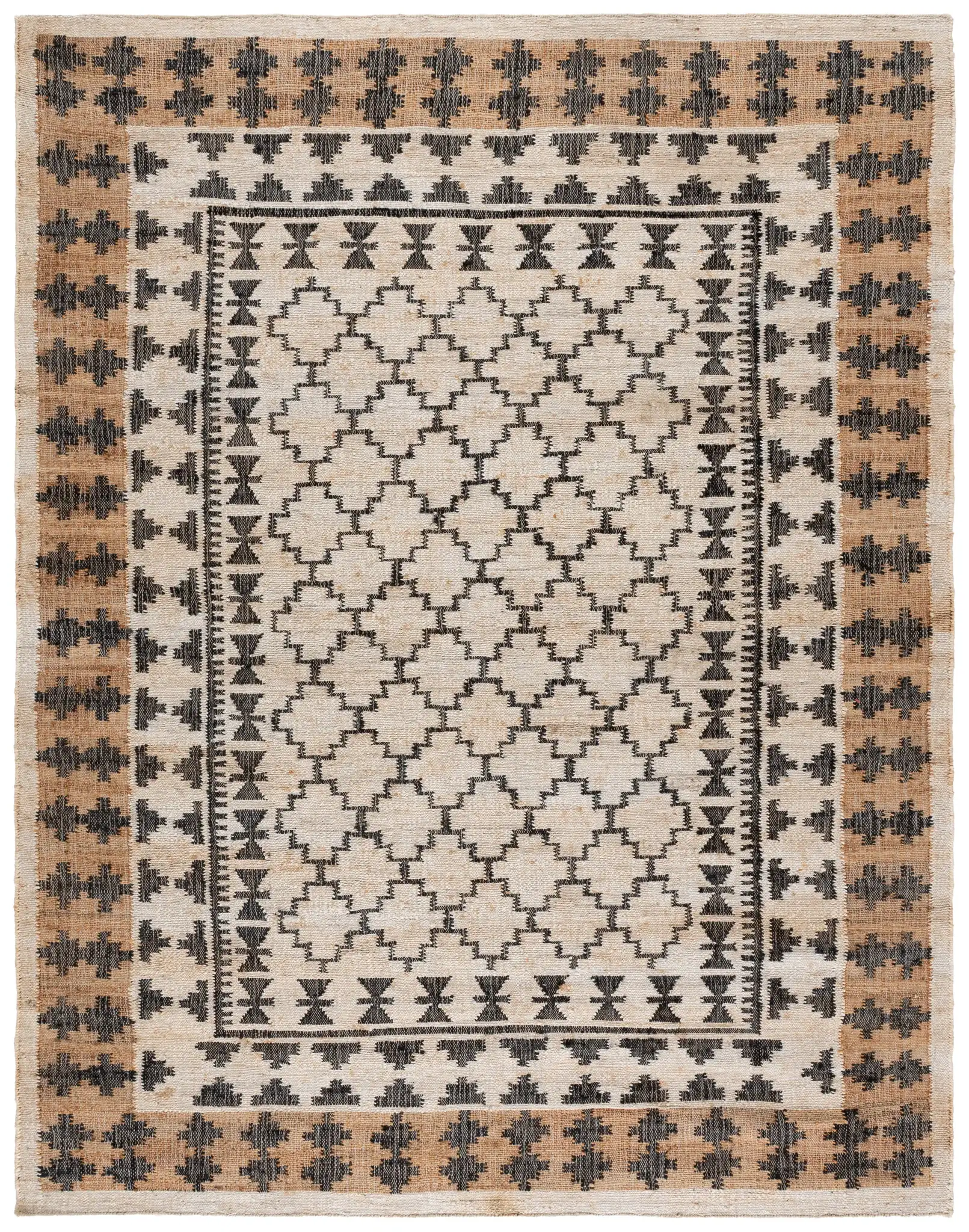 Kilim Bordered Diamond Flatweave Jute Rug in Ivory / Gray