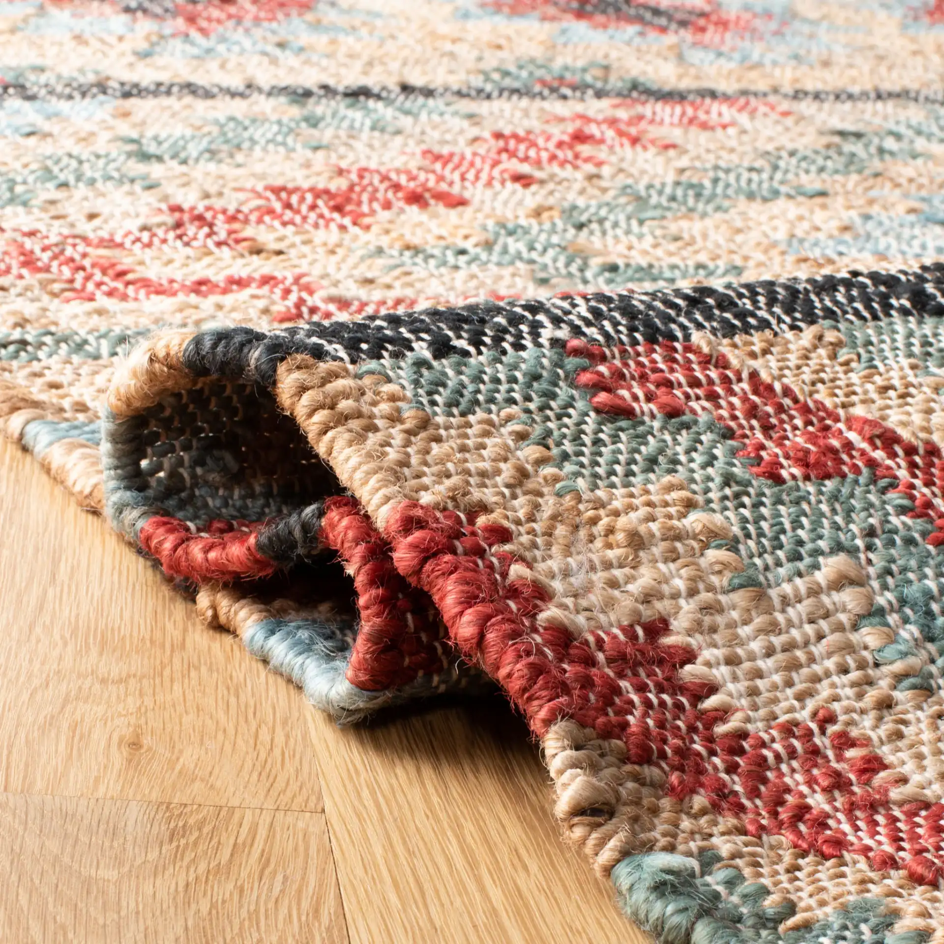 Kilim Stepped Diamond Flatweave Jute Rug in Natural / Red in a styled room