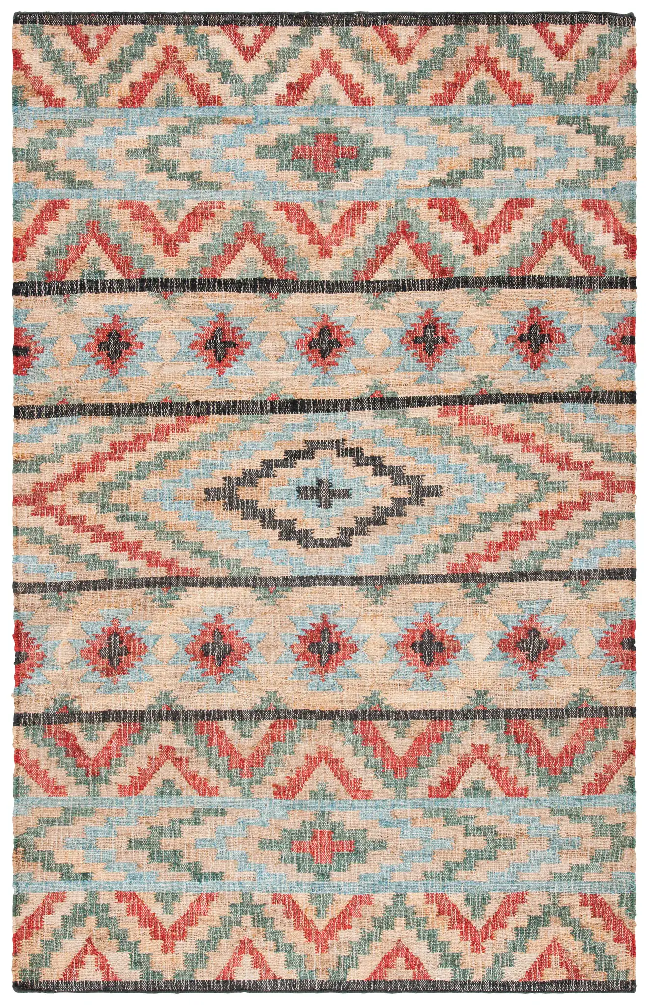 Kilim Stepped Diamond Flatweave Jute Rug in Natural / Red