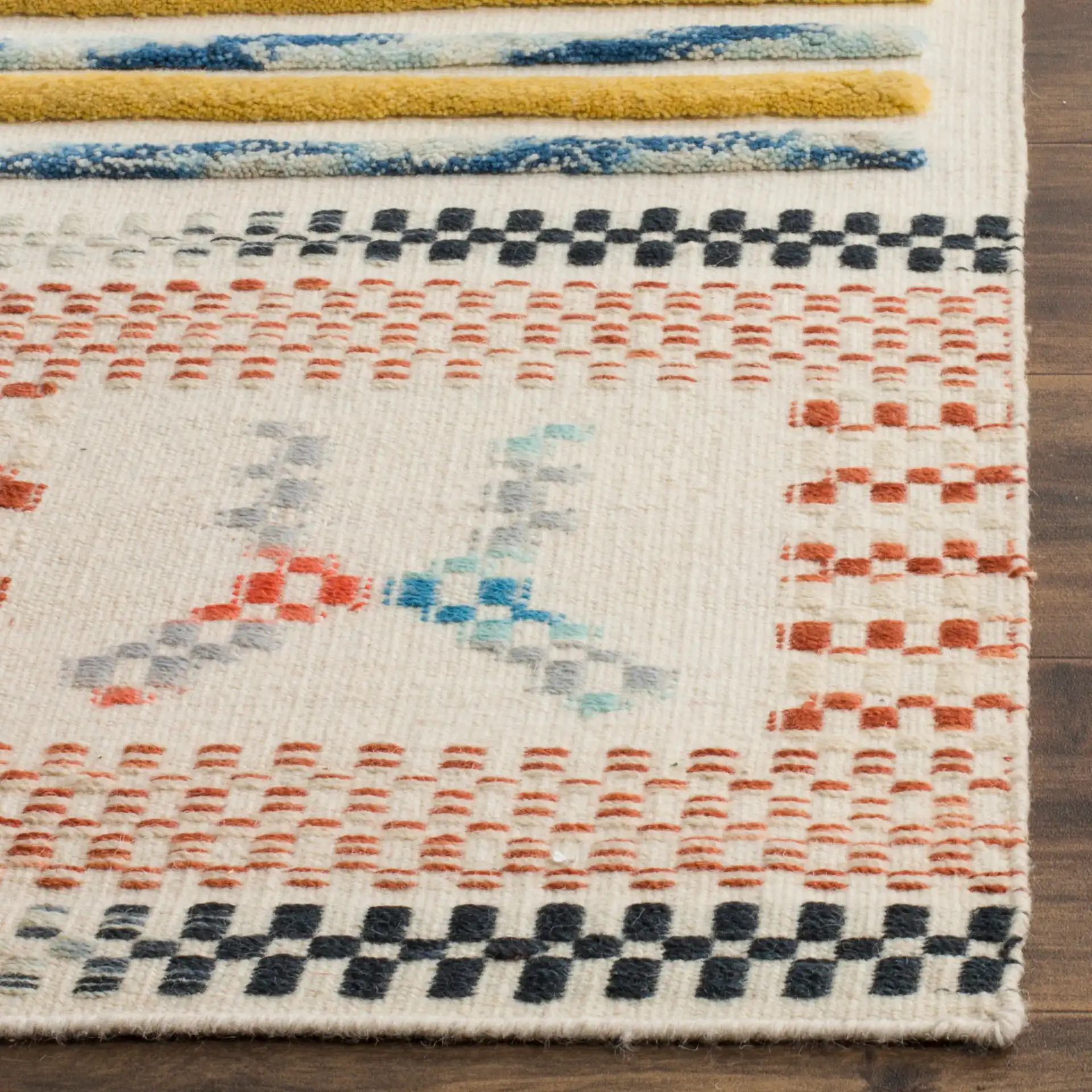 Kilim Patchwork Grid Hand-Woven Wool Rug in Ivory / Multicolor in a styled room