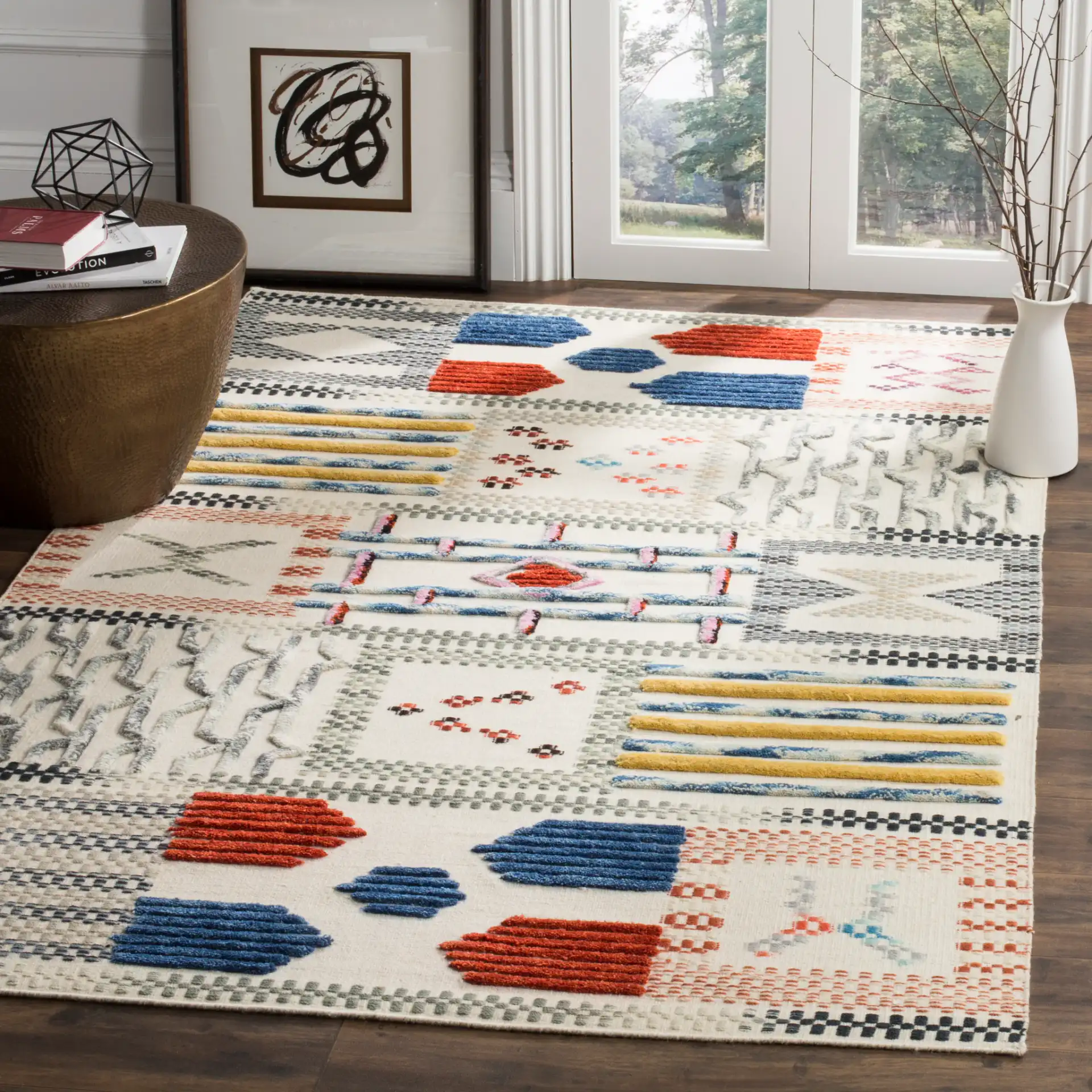 Kilim Patchwork Grid Hand-Woven Wool Rug in Ivory / Multicolor in a styled room