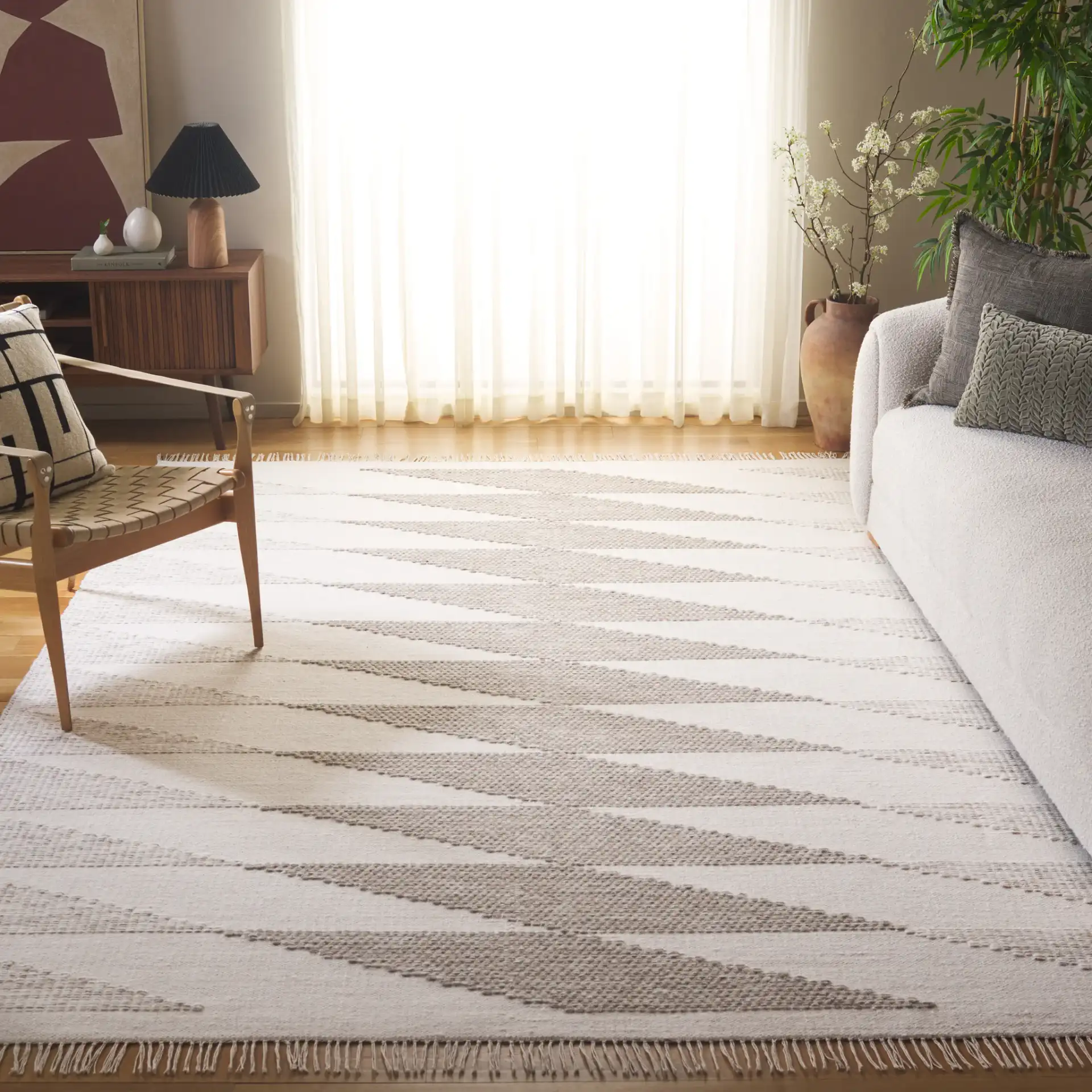 Kilim Scandinavian Tribal Flatweave Wool Rug in Gray / Ivory in a styled room