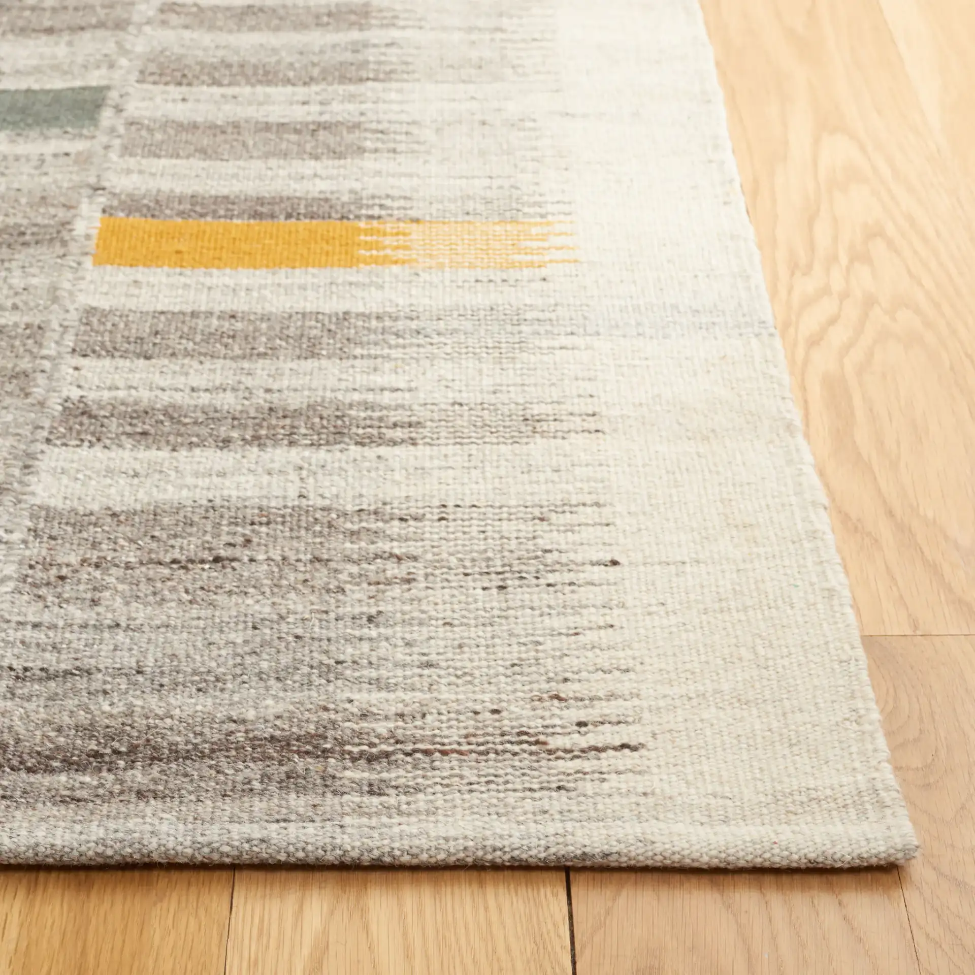 Kilim Striped Panel Flatweave Wool Rug in Ivory / Gray in a styled room
