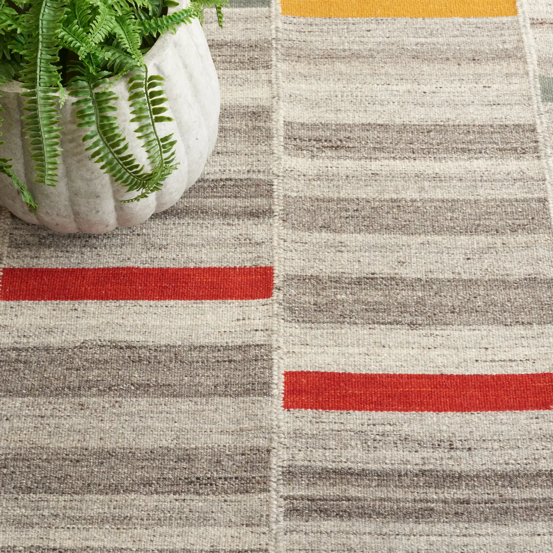 Kilim Striped Panel Flatweave Wool Rug in Ivory / Gray in a styled room