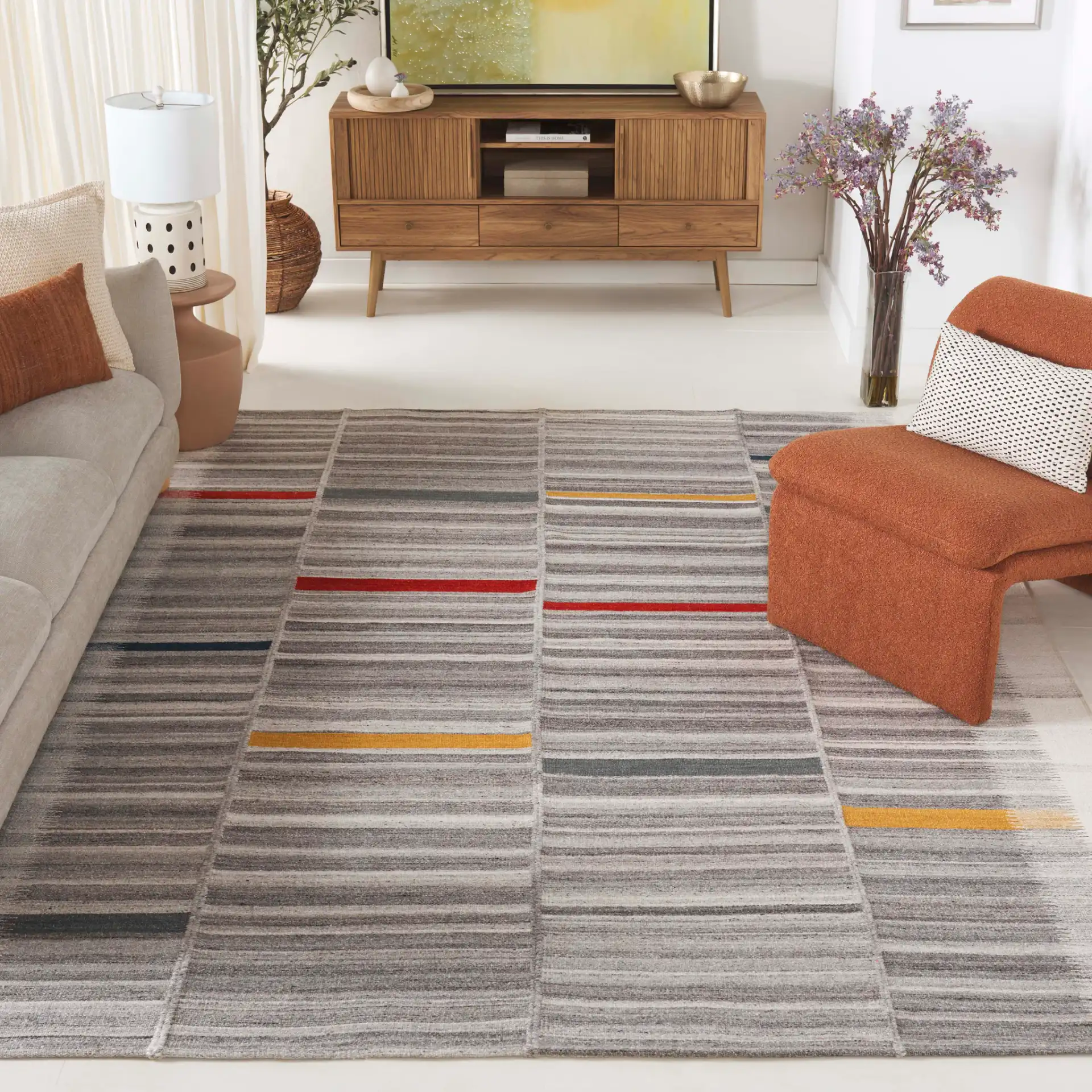 Kilim Striped Panel Flatweave Wool Rug in Ivory / Gray in a styled room