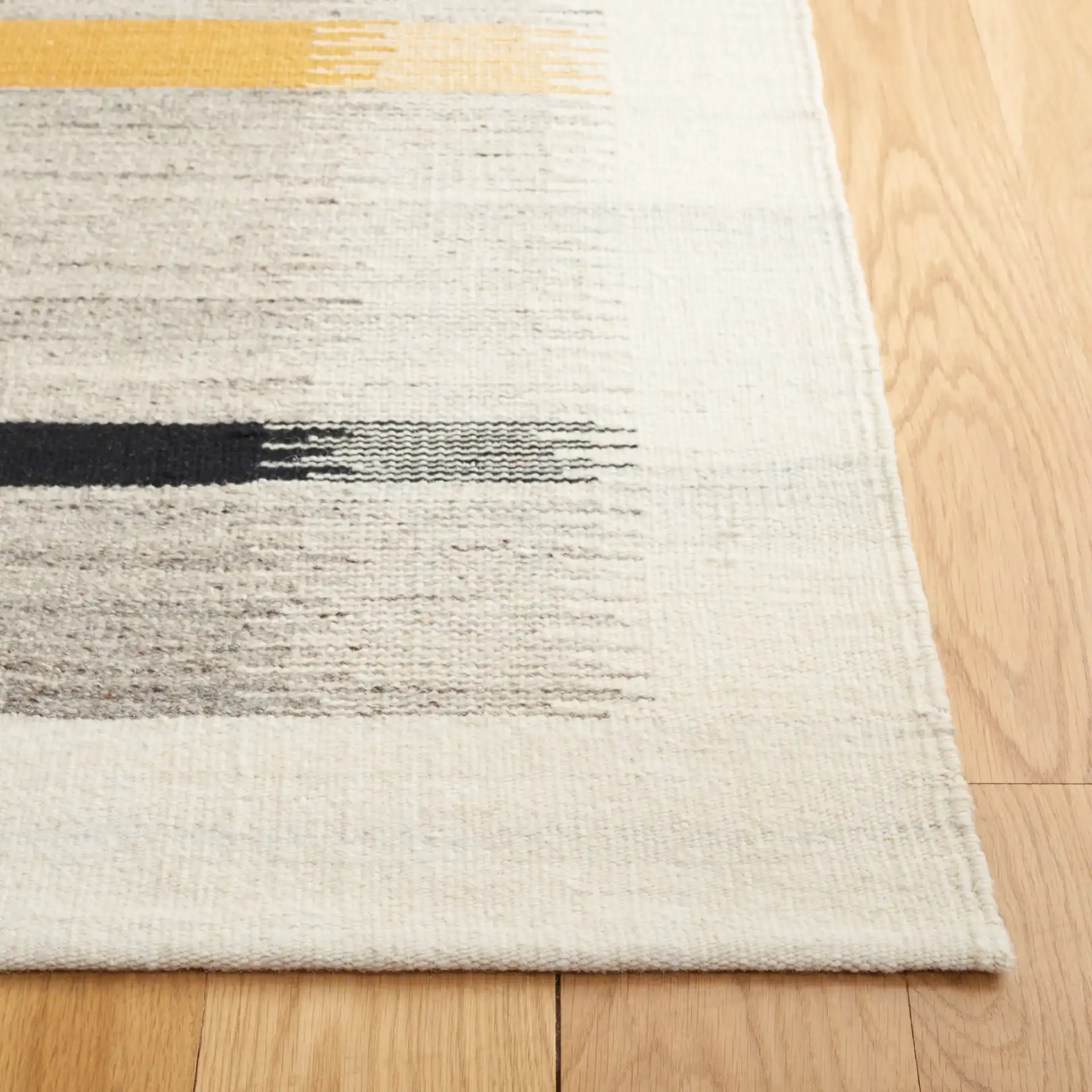 Kilim Offset Stripe Flatweave Wool Rug in Ivory / Gray in a styled room