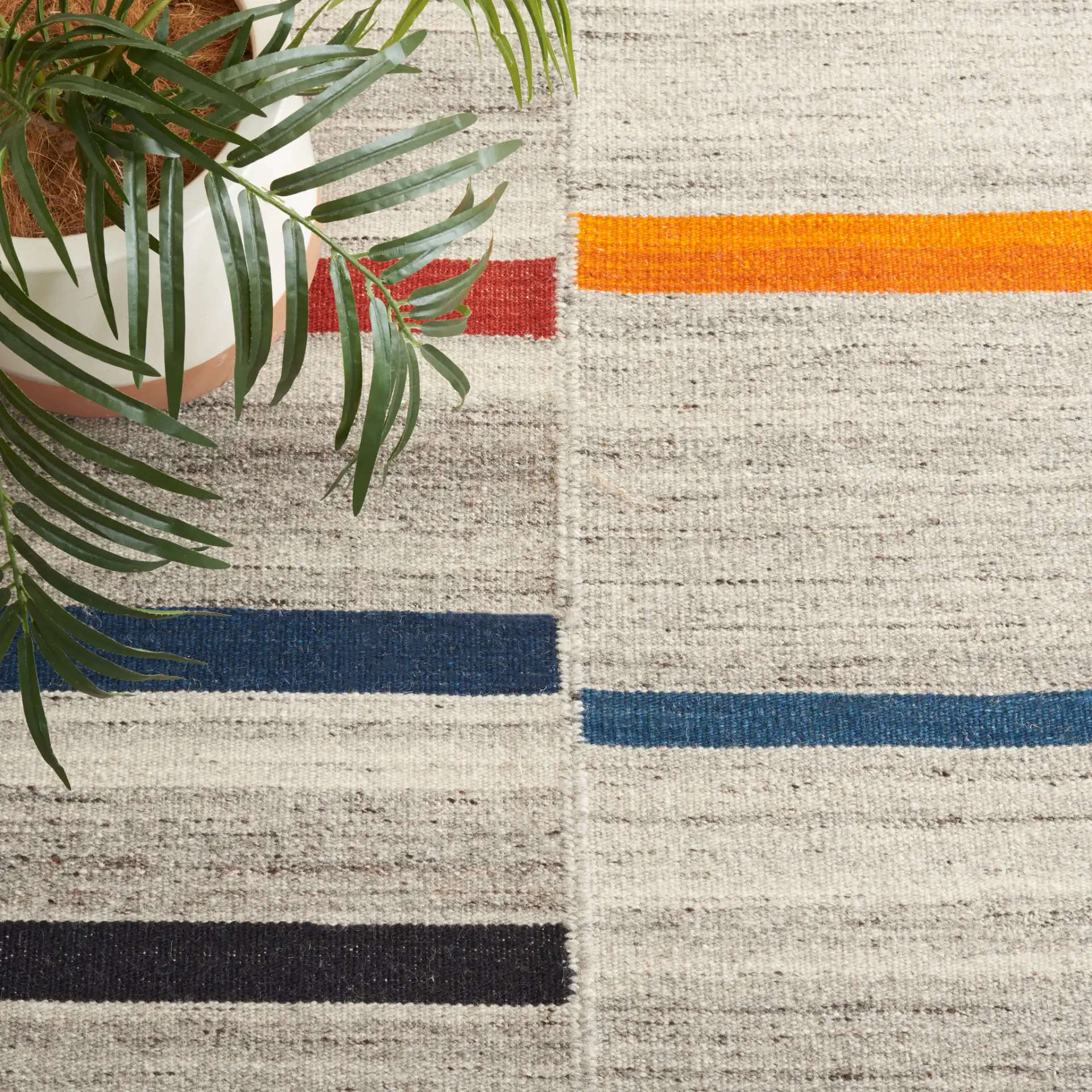 Kilim Offset Stripe Flatweave Wool Rug in Ivory / Gray in a styled room