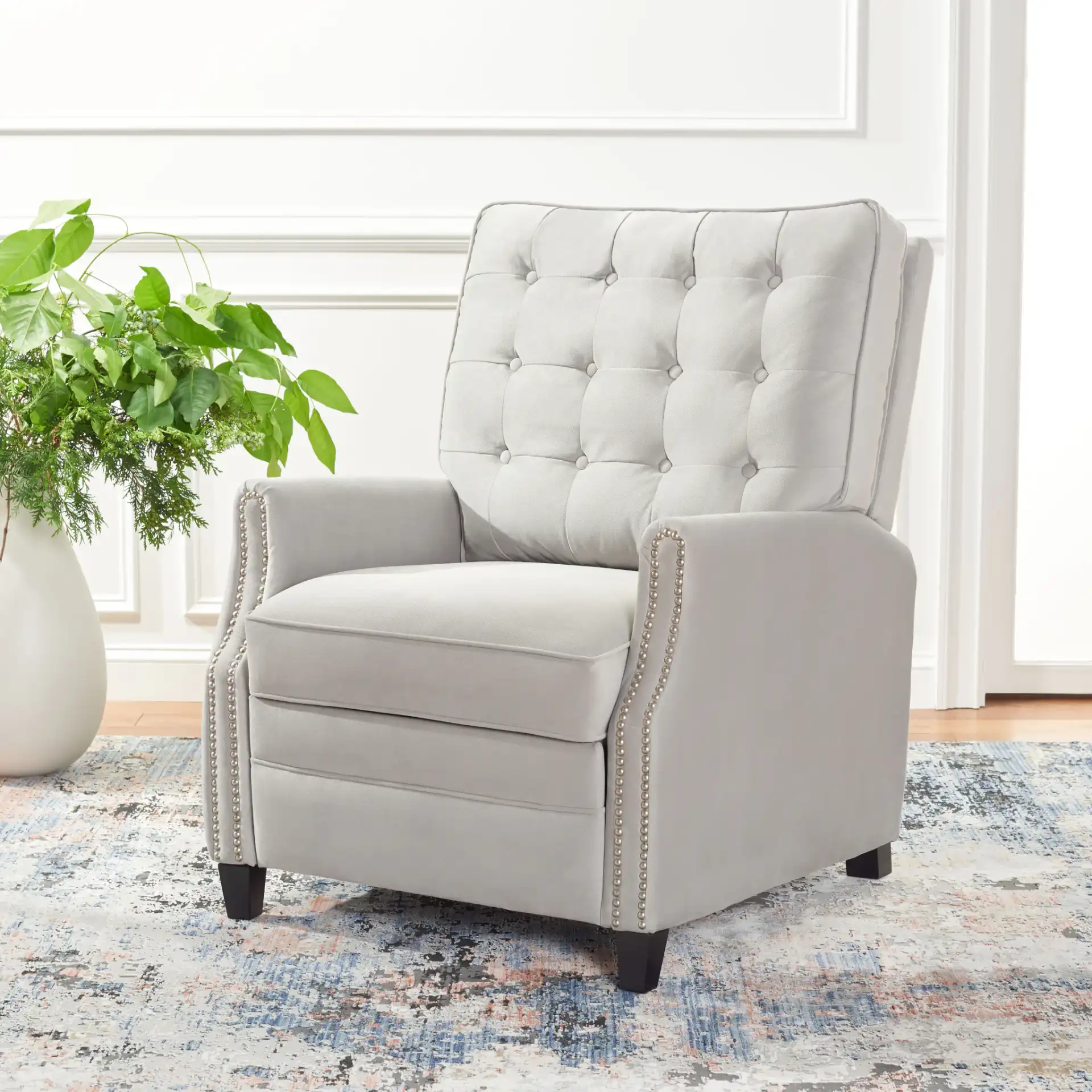 Leona Tufted Recliner in Light Brown in a styled room