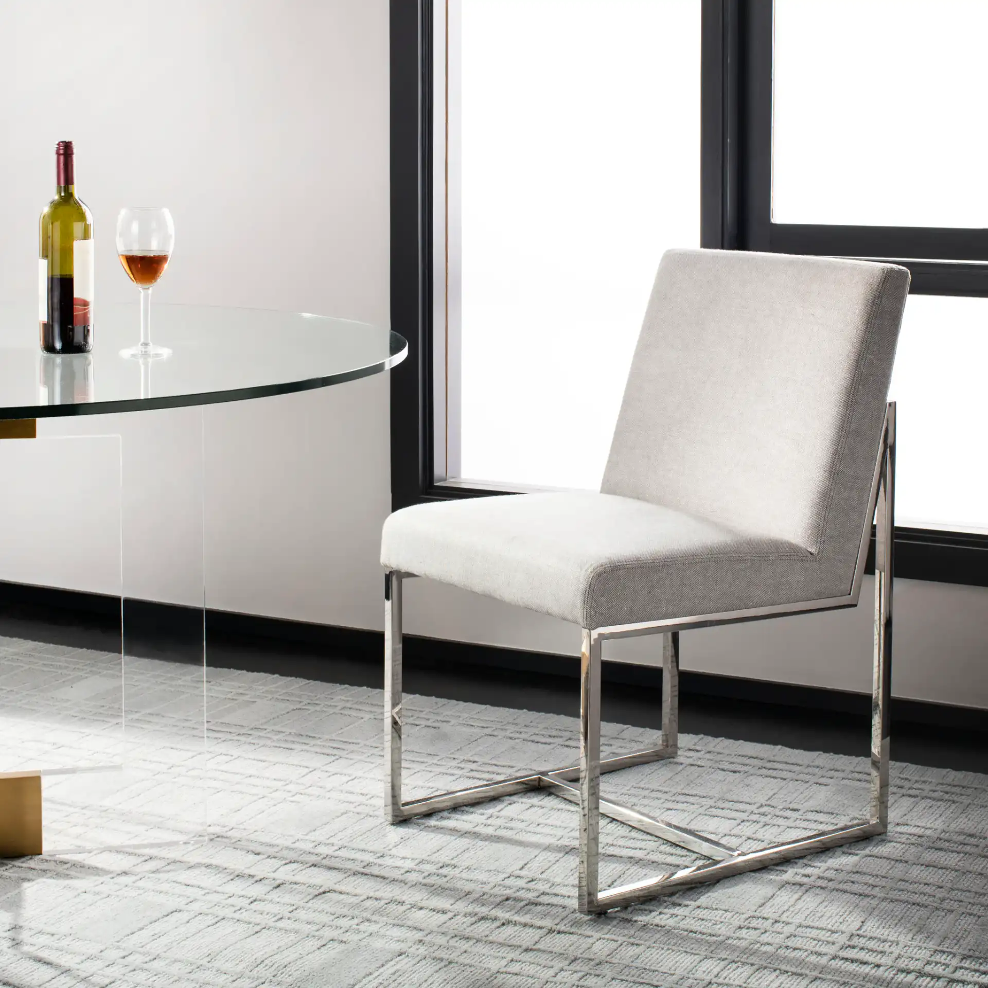 Lombardi Chrome Dining Chair in Gray / White in a styled room