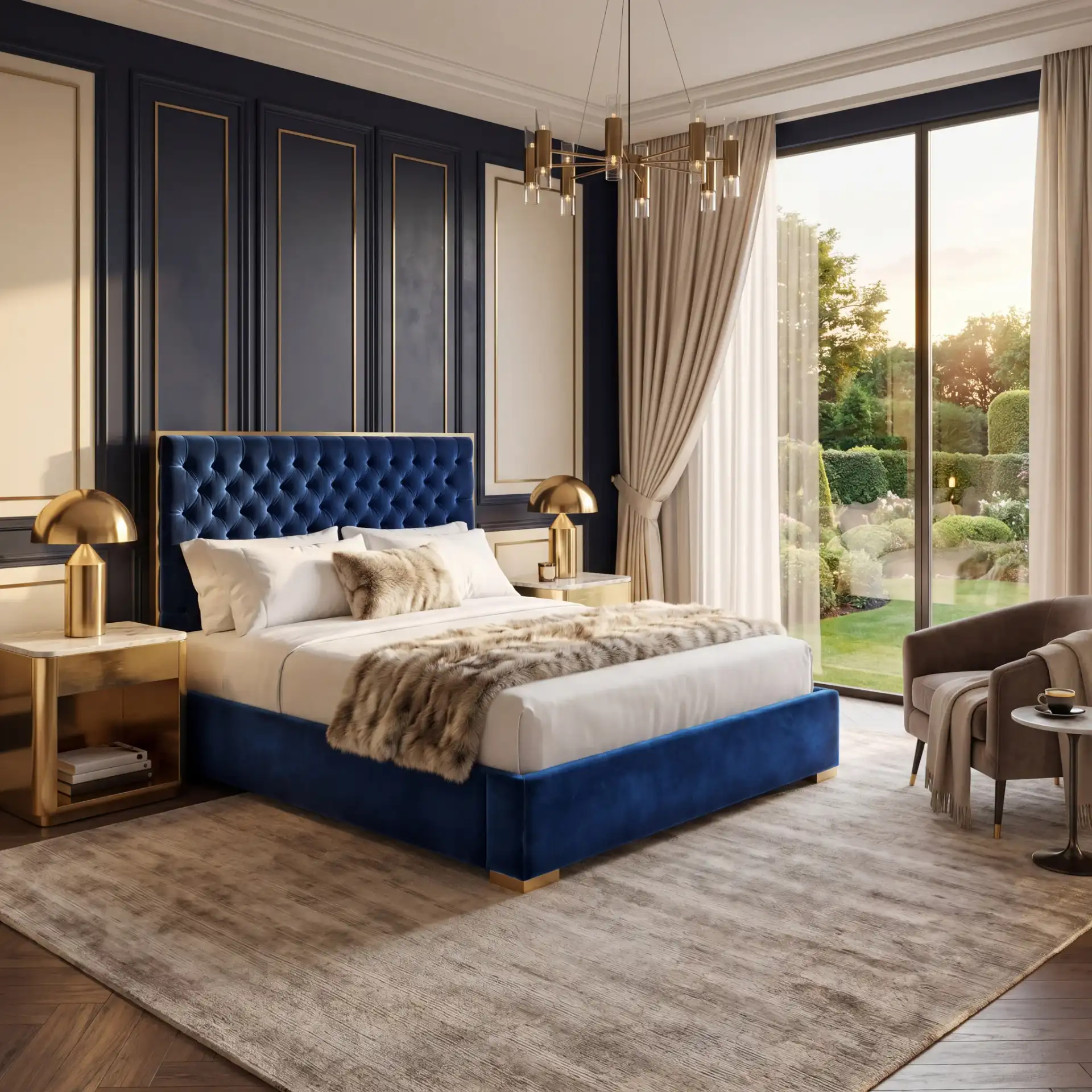 Chester Queen Bed in Navy in a styled room