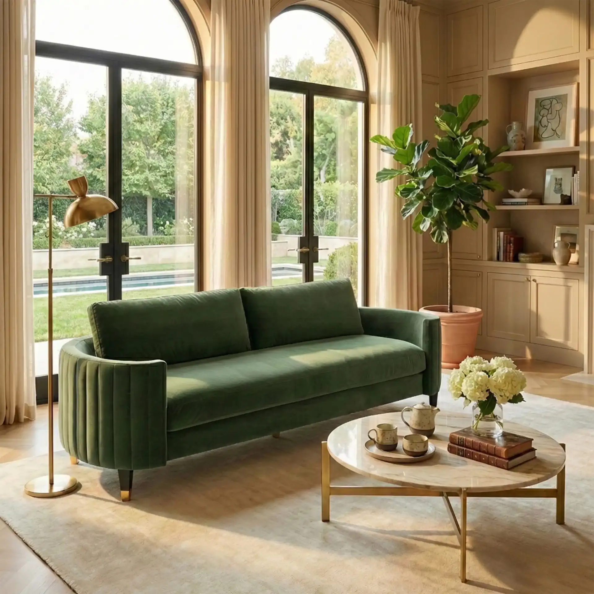 Winford Velvet Sofa in Olive / Black in a styled room