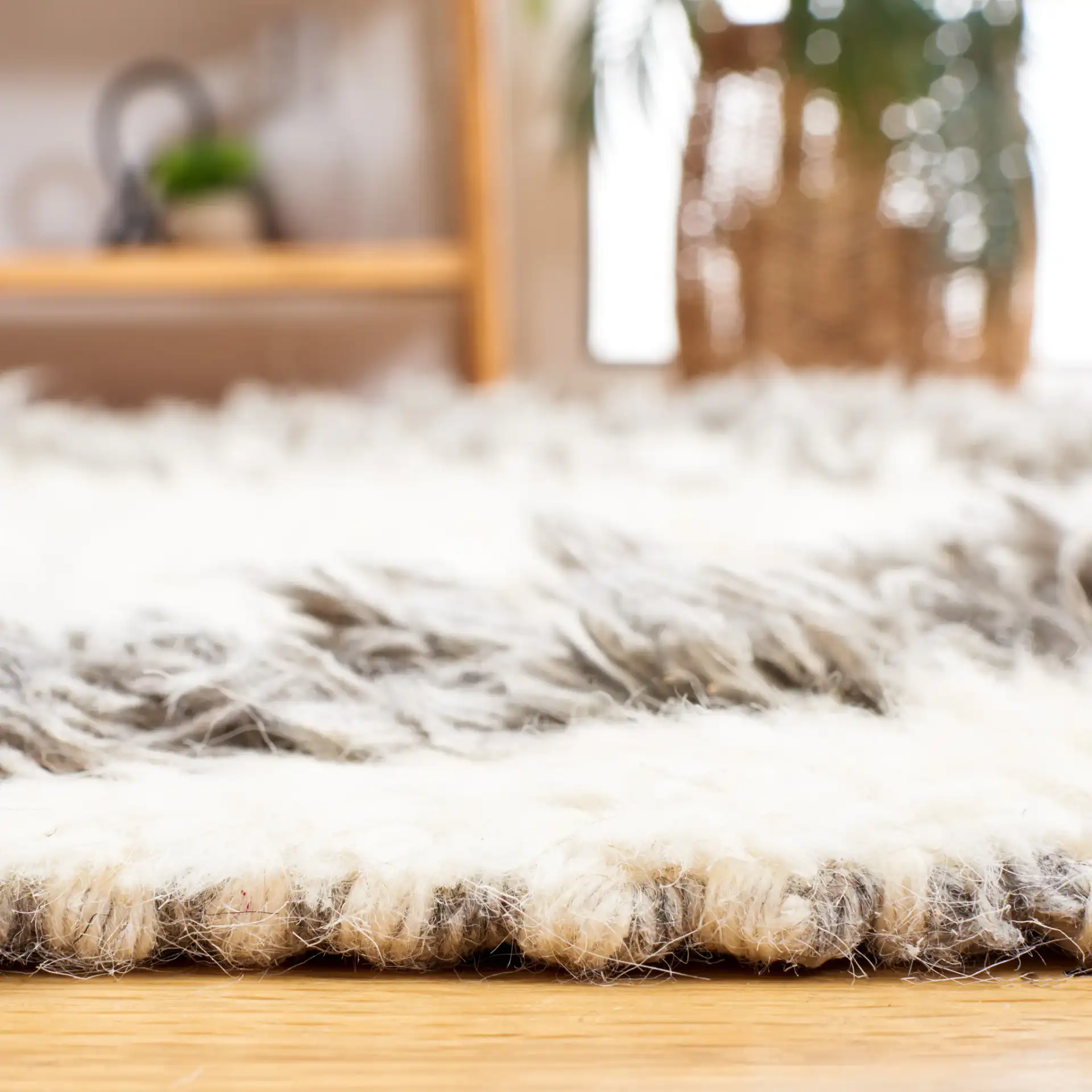 Kenya Textured Diamond Trellis Hand-Woven Shag Wool Rug in Ivory / Gray in a styled room