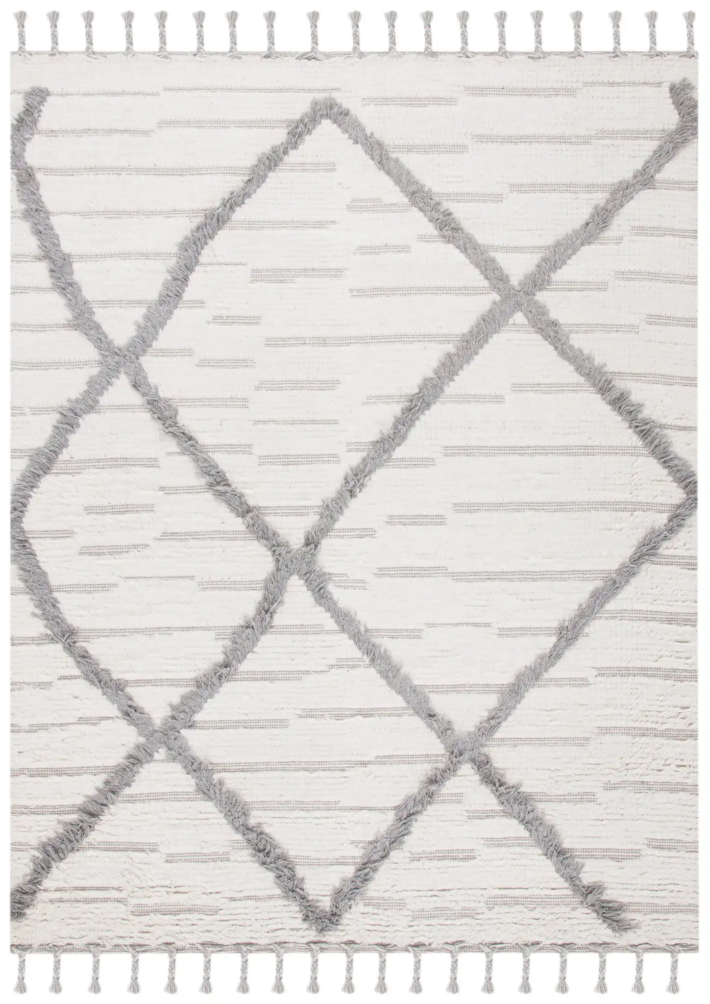 Kenya Textured Diamond Trellis Hand-Woven Shag Wool Rug in Ivory / Gray