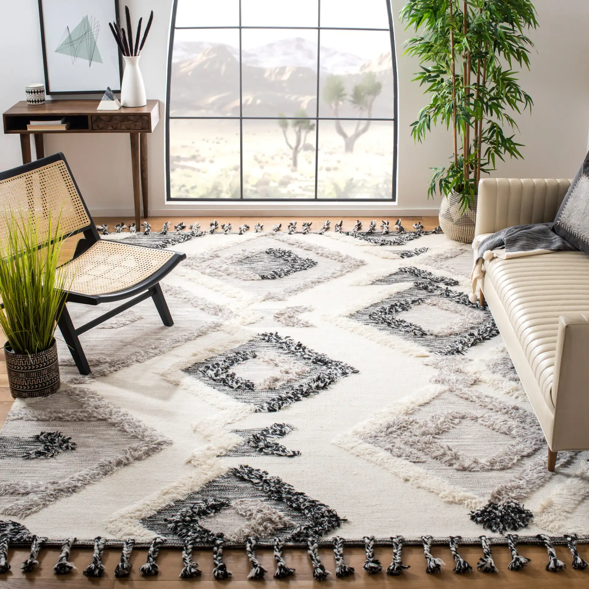 Kenya Diamond Hand-Woven Shag Wool Rug in Gray / Black in a styled room
