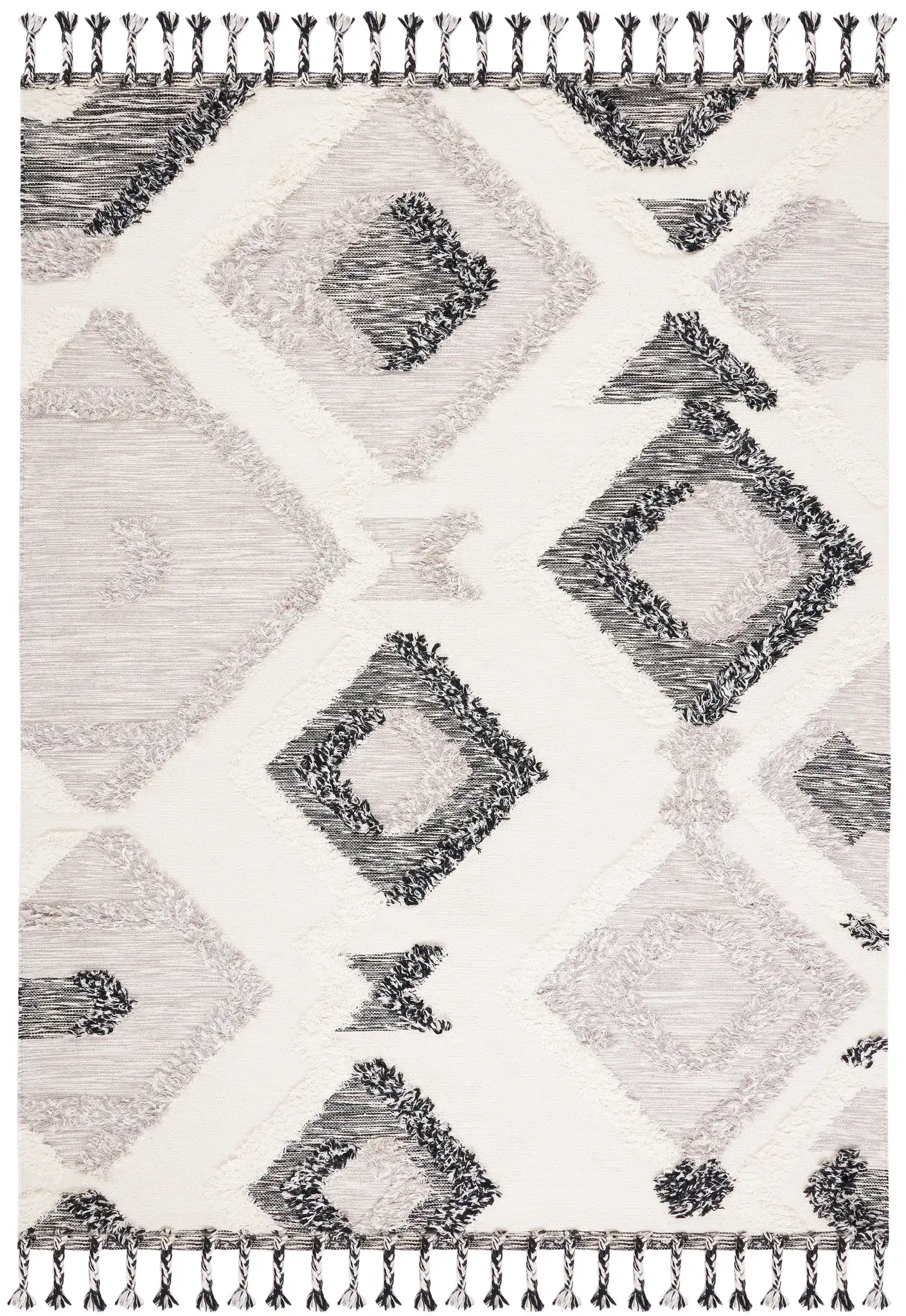 Kenya Diamond Hand-Woven Shag Wool Rug in Gray / Black