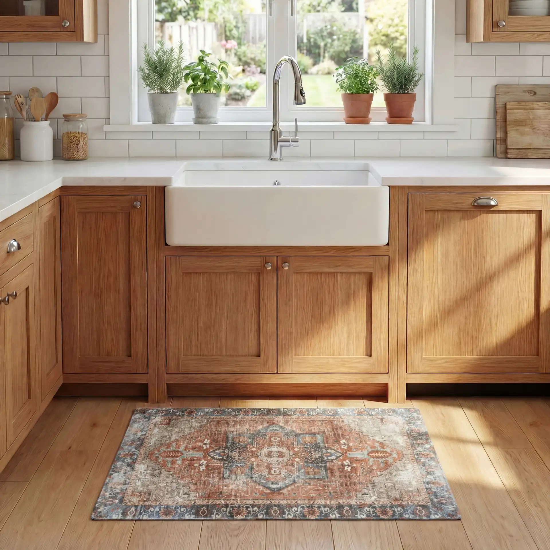 Evoke Medallion Kitchen Mat in Rust / Aqua in a styled room