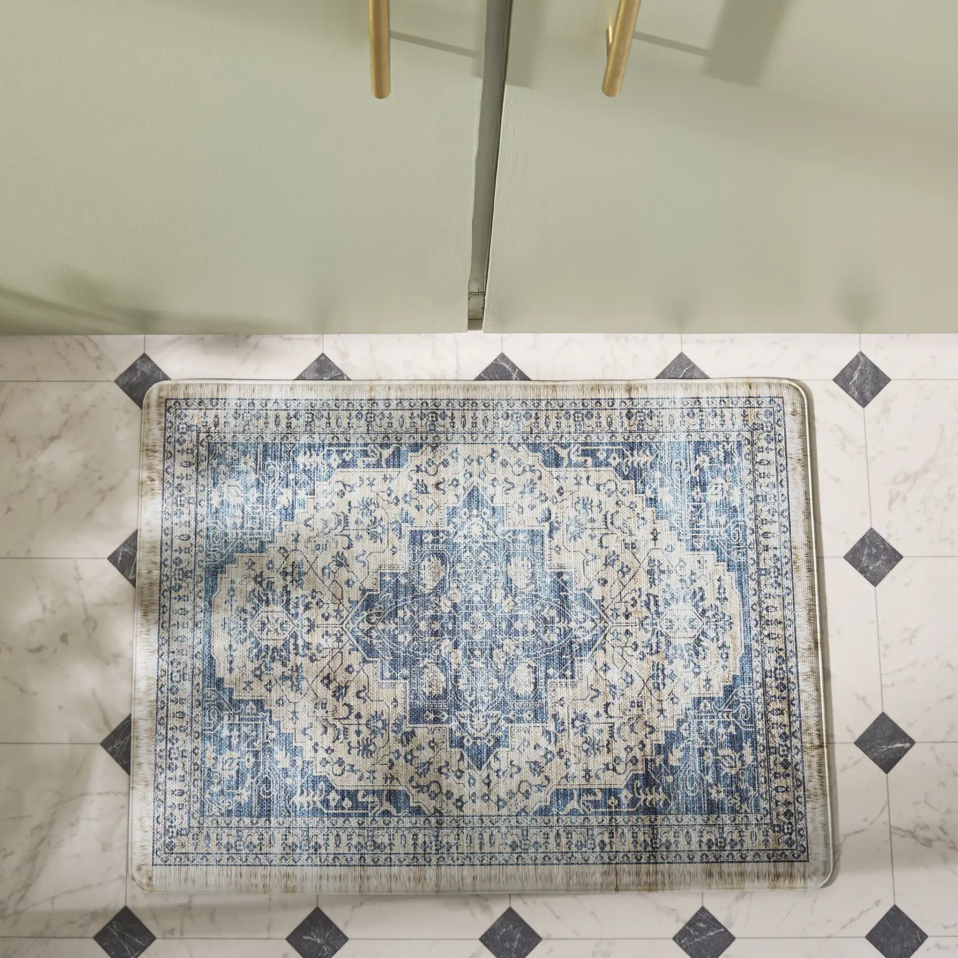 Evoke Distressed Medallion Kitchen Mat in Beige / Blue in a styled room