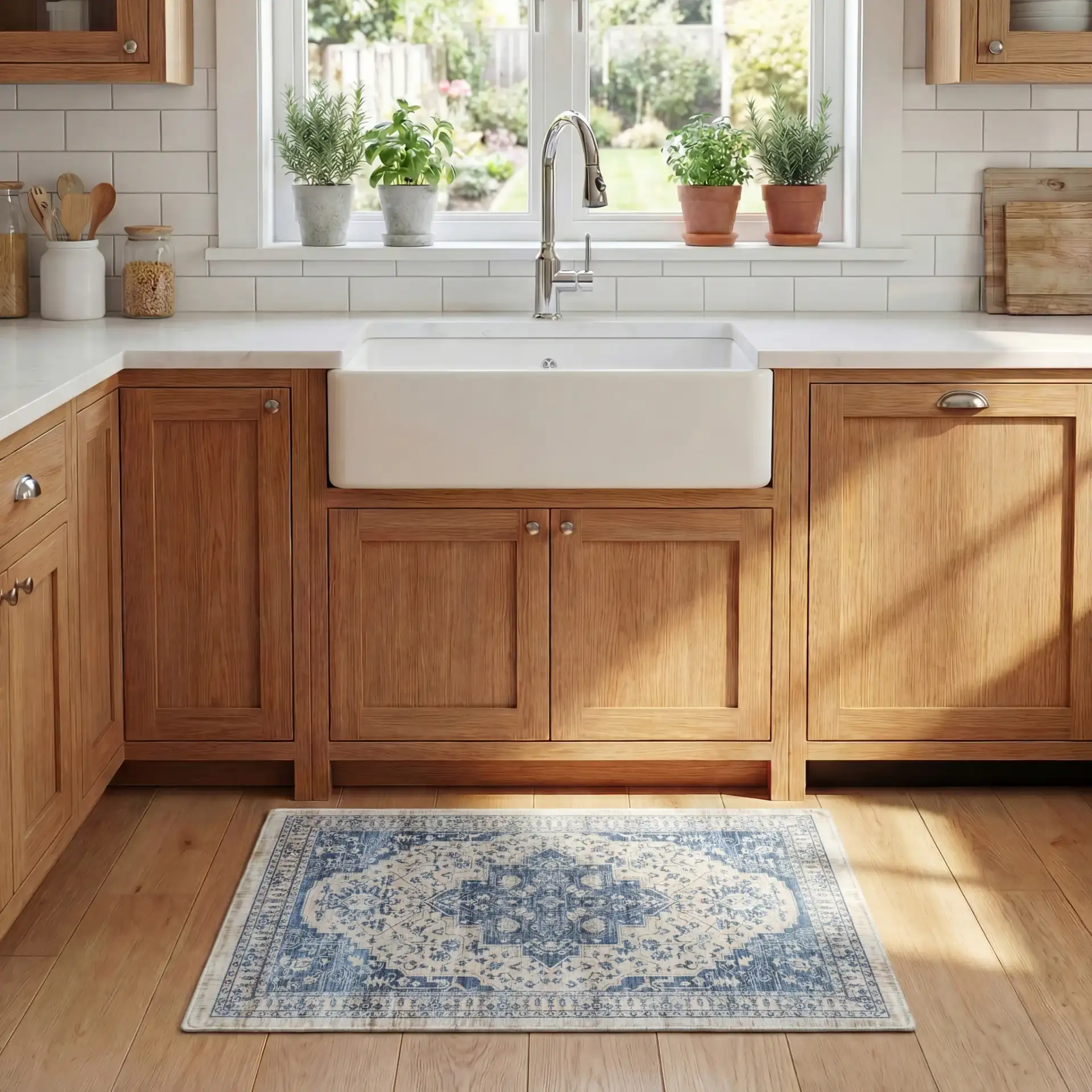 Evoke Distressed Medallion Kitchen Mat in Beige / Blue in a styled room