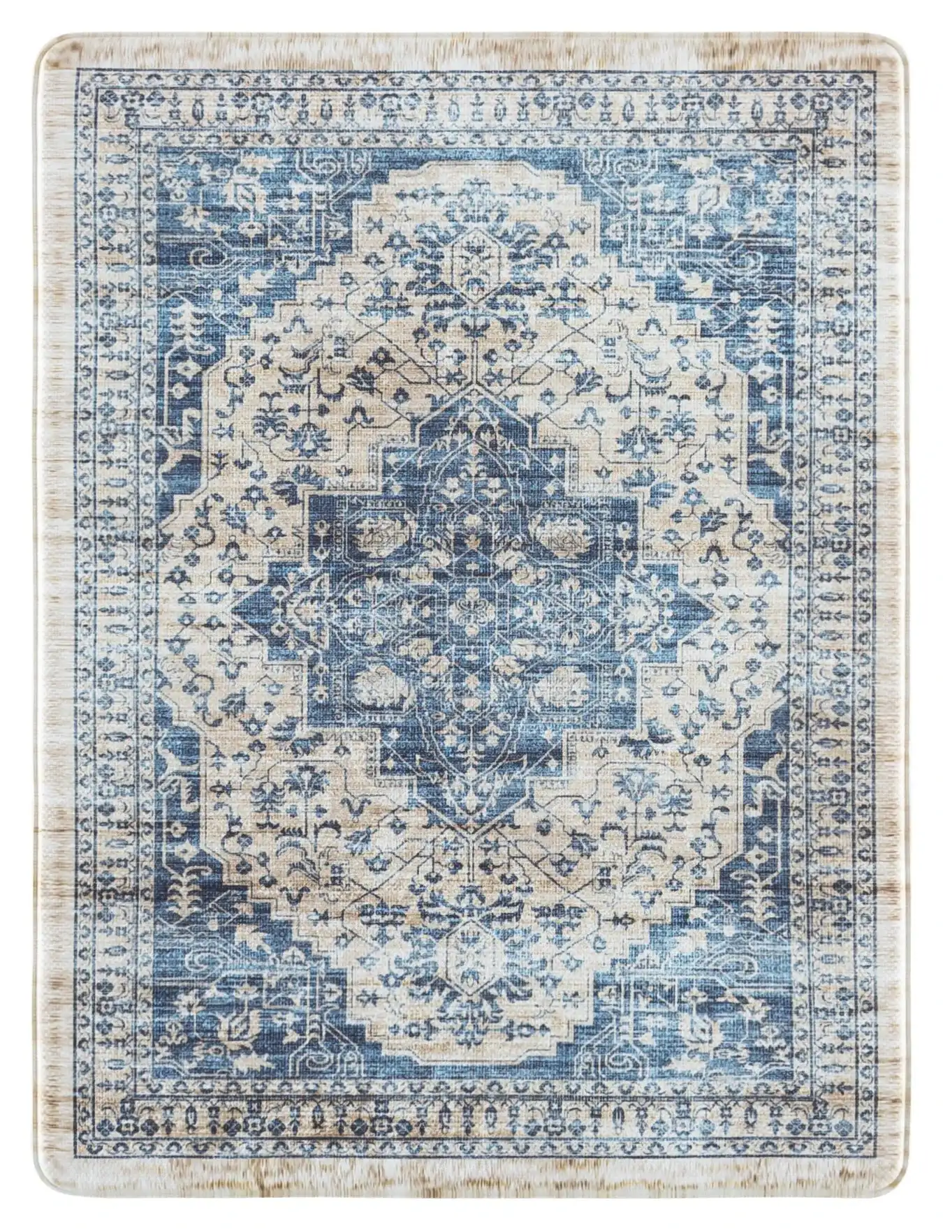Evoke Distressed Medallion Kitchen Mat in Beige / Blue